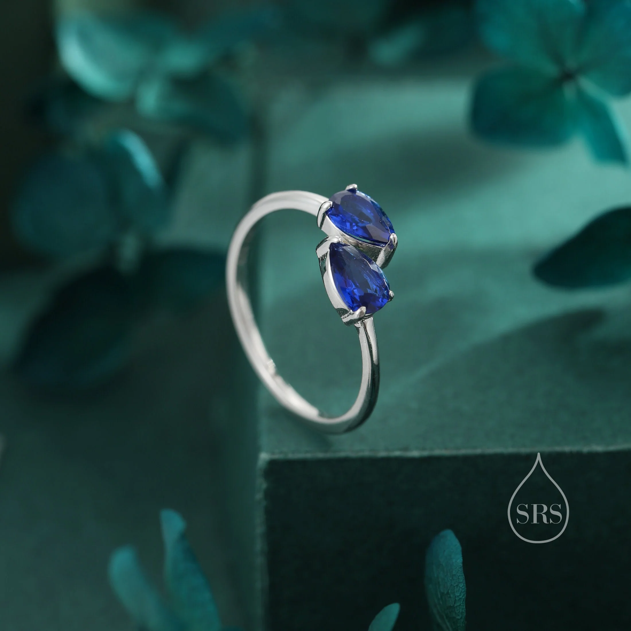 Toi et Moi Pear Cut Sapphire Blue CZ Open Ring in Sterling Silver, Adjustable Size, Sapphire Blue CZ Double Stone Ring, Pear Cut Ring - Image 2