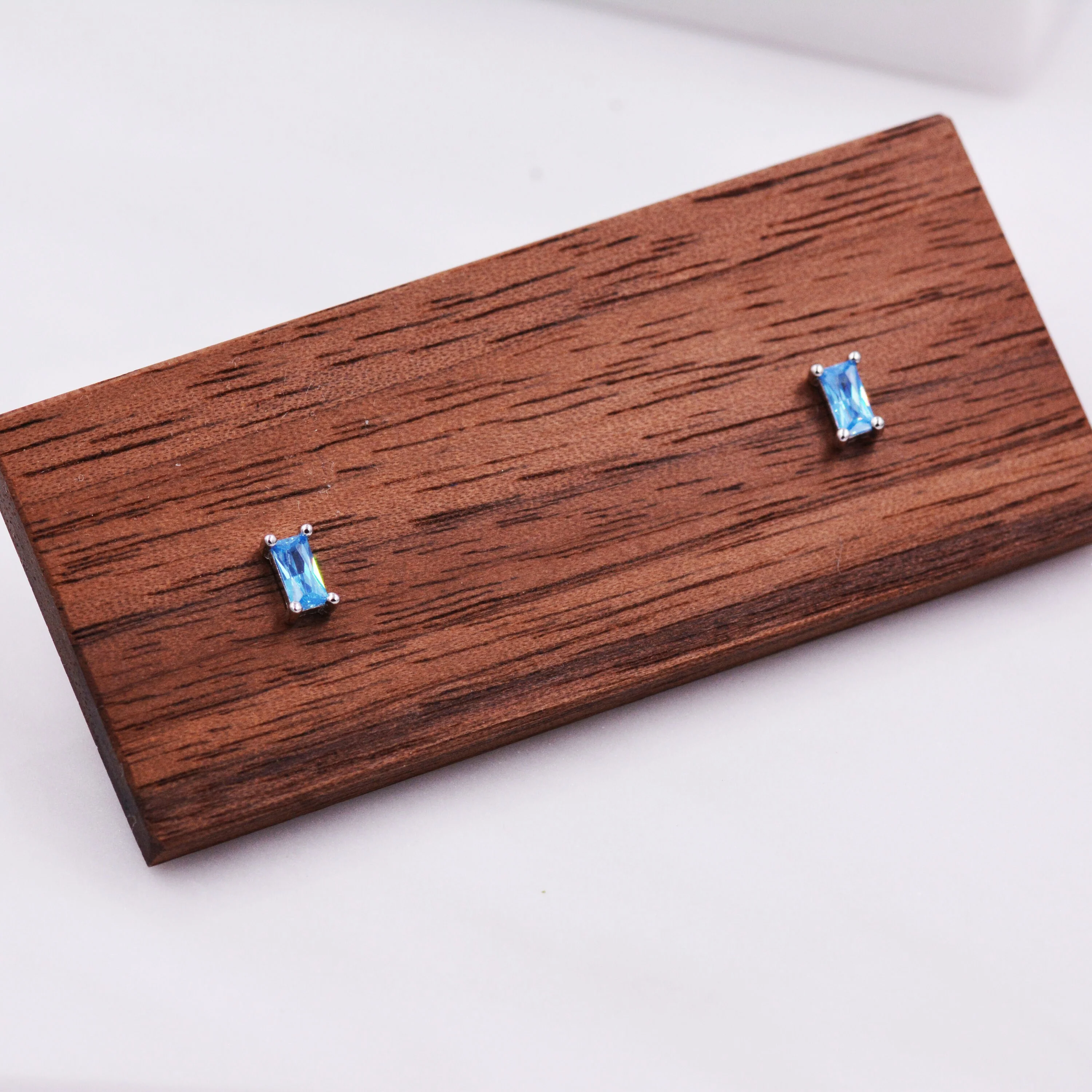 Topaz Blue Baguette Cut Crystal Stud Earrings in Sterling Silver, Silver or Gold, Aquamarine, Dainty and Tiny - Image 7