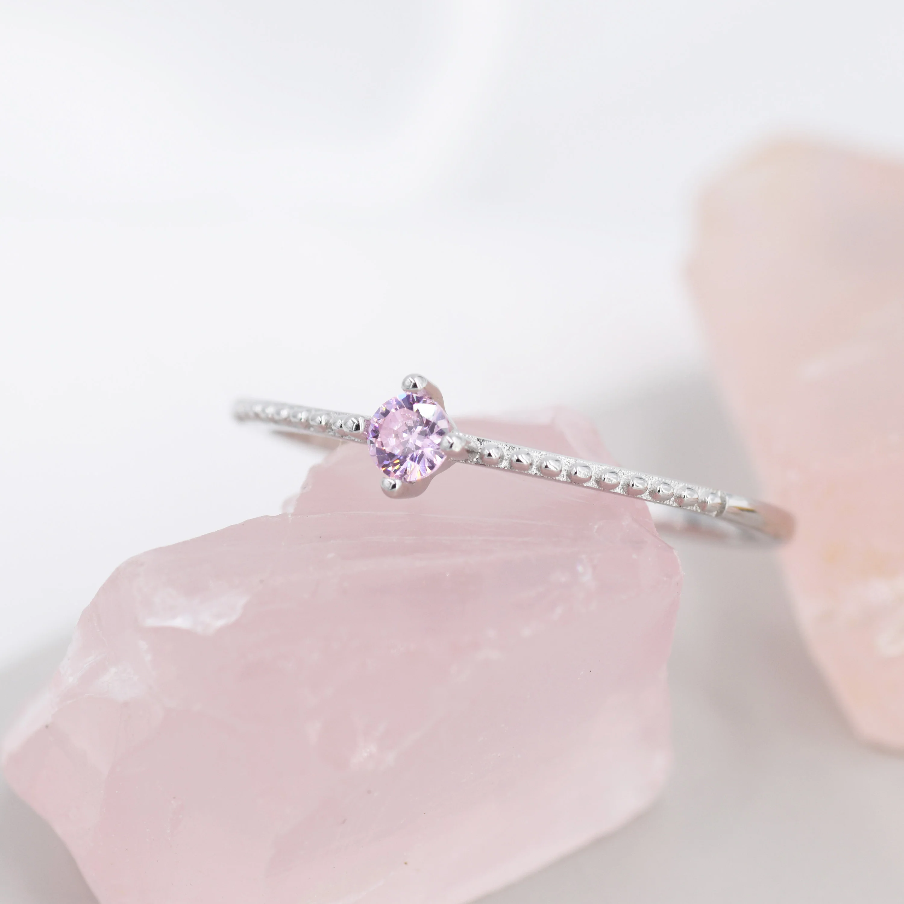 Tourmaline Pink CZ Ring in Sterling Silver, Silver or Gold, Delicate Stacking Ring, Pink CZ Skinny Band, Size US 6 - 8, October Birthstone - Image 4