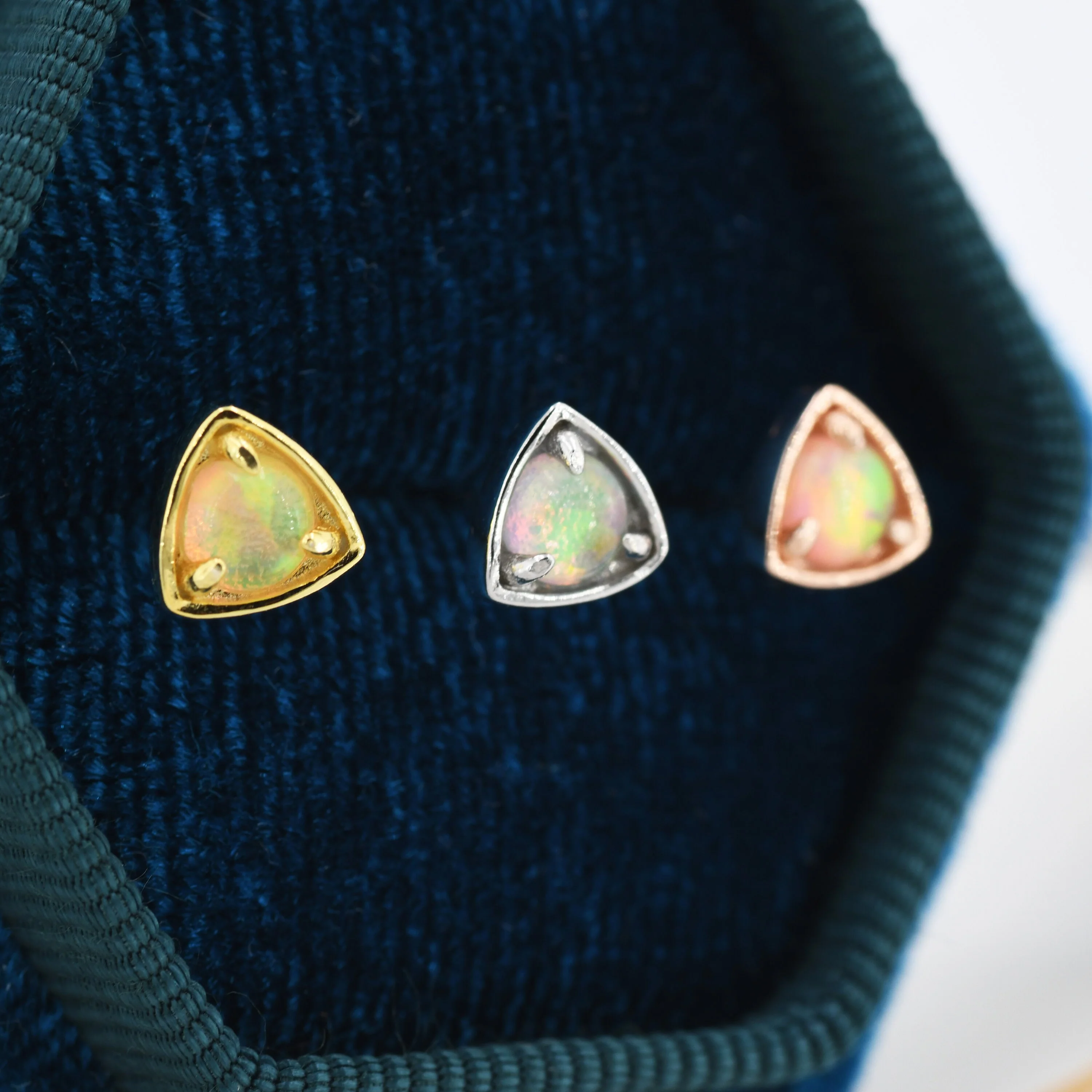 Triangle Opal Stud Earrings in Sterling Silver, Silver, Gold or Rose Gold, Opal Triangle Earrings, Stacking Earrings - Image 3