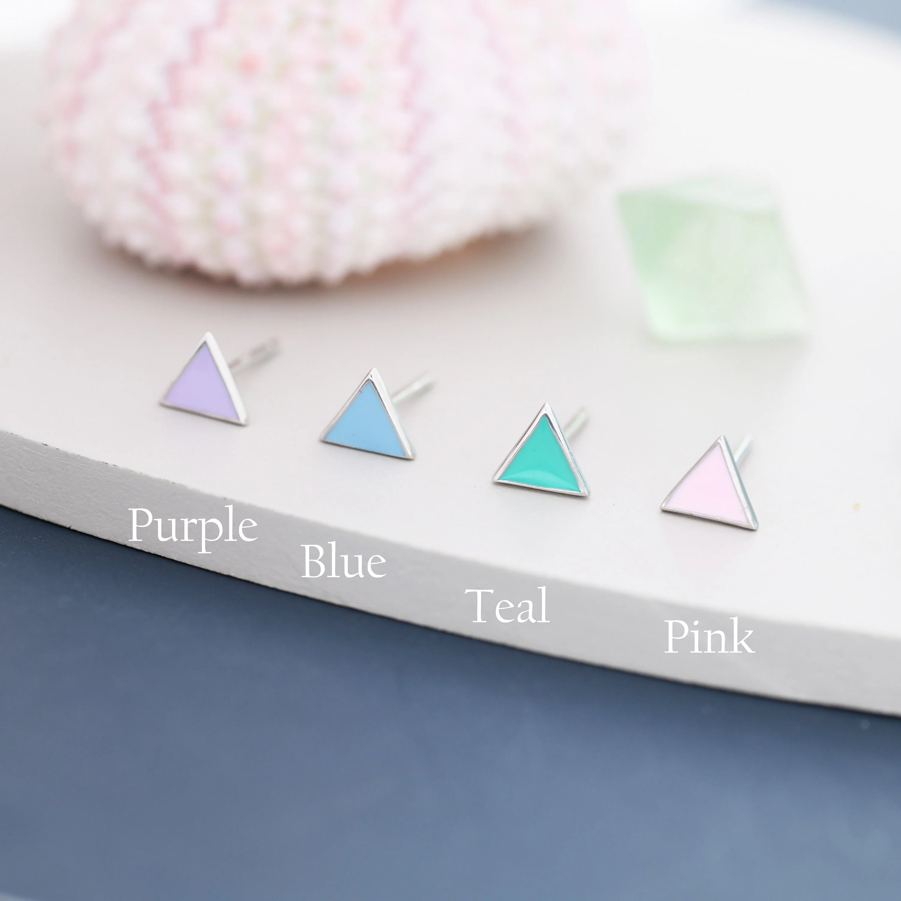 Triangle Stud Earrings in Sterling Silver with Hand Painted Enamel, Pastel Stud, Teal, Turquoise, Blue, Pink, Purple and Black, Tiny Stud - Image 2