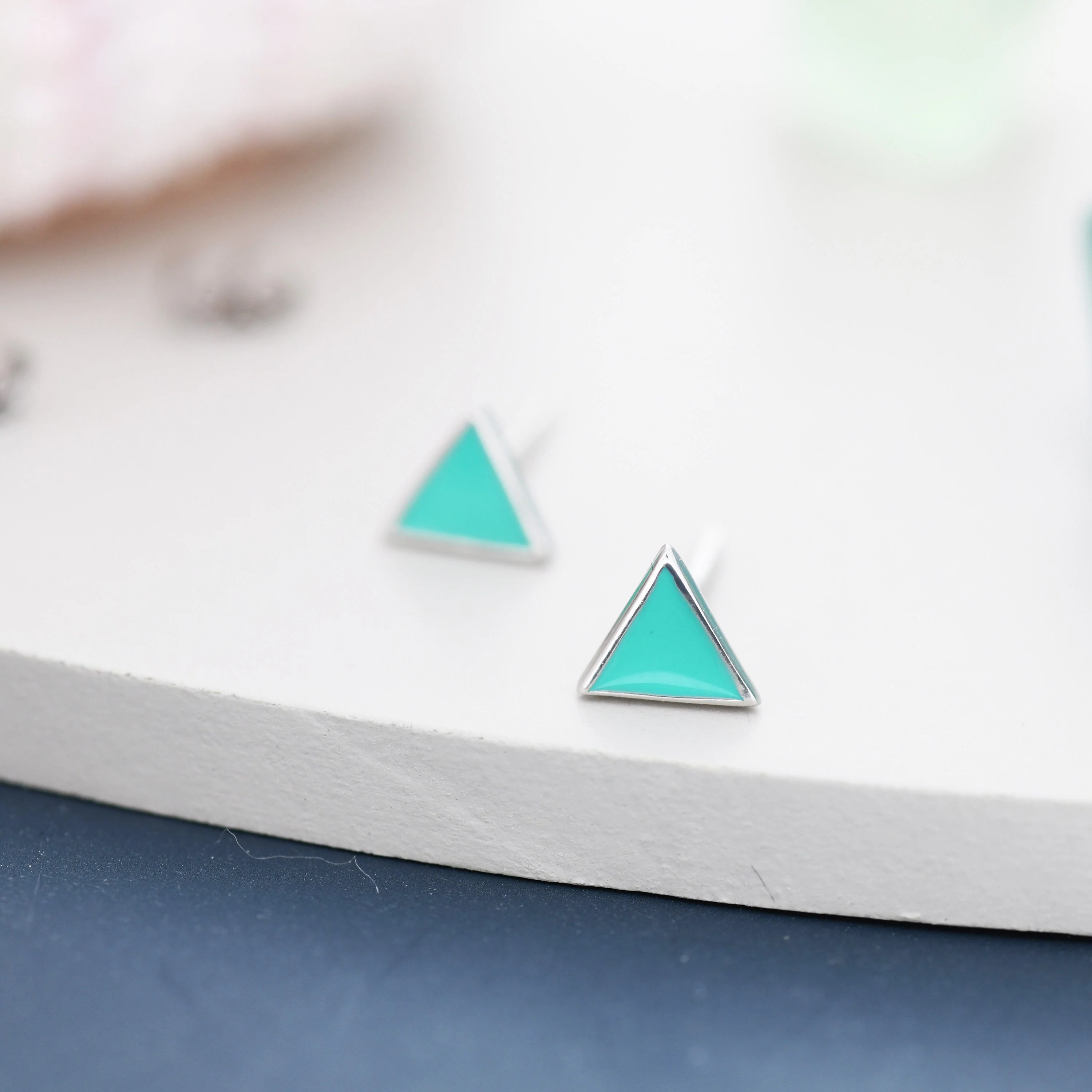 Sterling Silver Tiny Little Teal (Turquoise) Blue Triangle Stud Earrings, Minimalist Geometric Jewellery, Simple Studs - Image 3