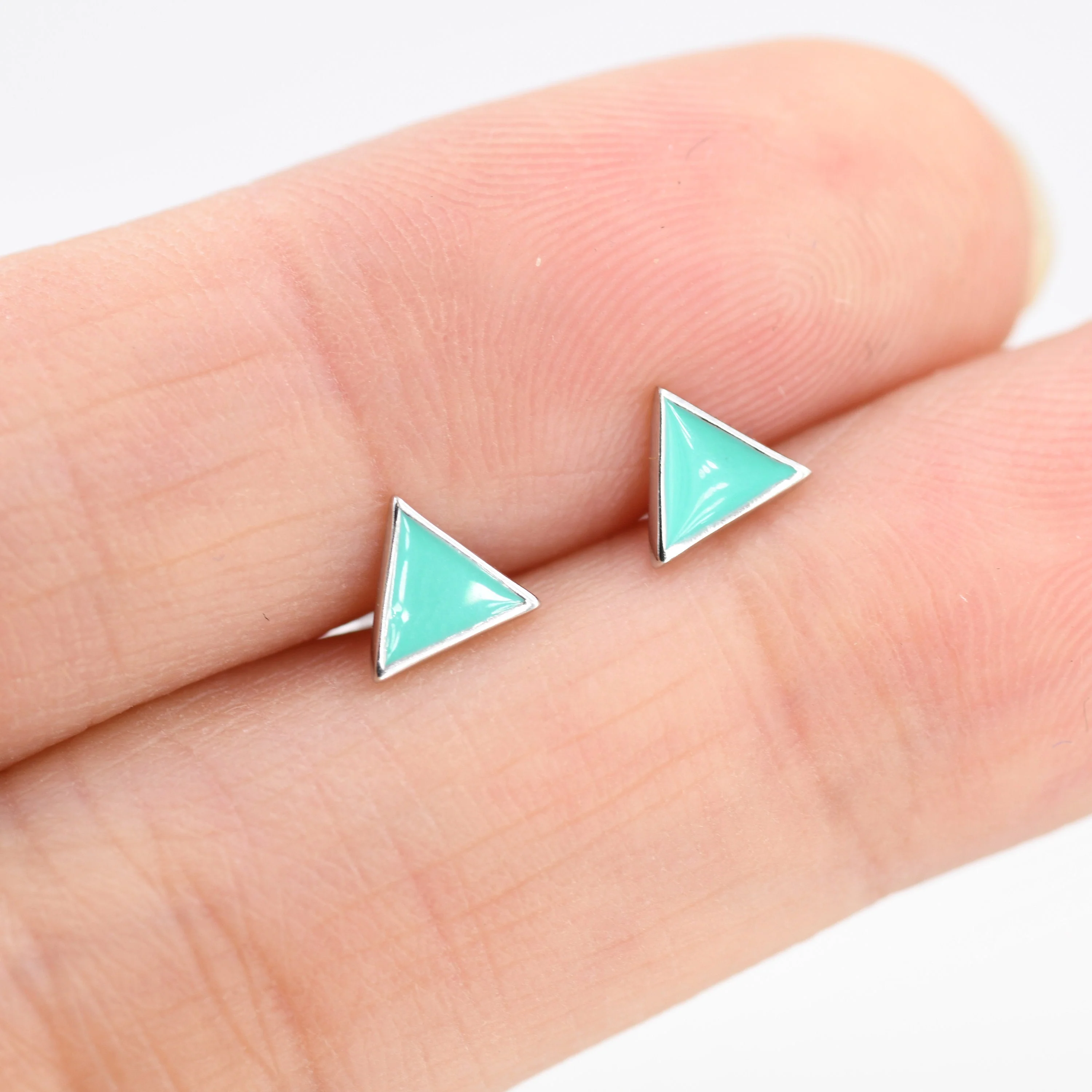 Sterling Silver Tiny Little Teal (Turquoise) Blue Triangle Stud Earrings, Minimalist Geometric Jewellery, Simple Studs - Image 4