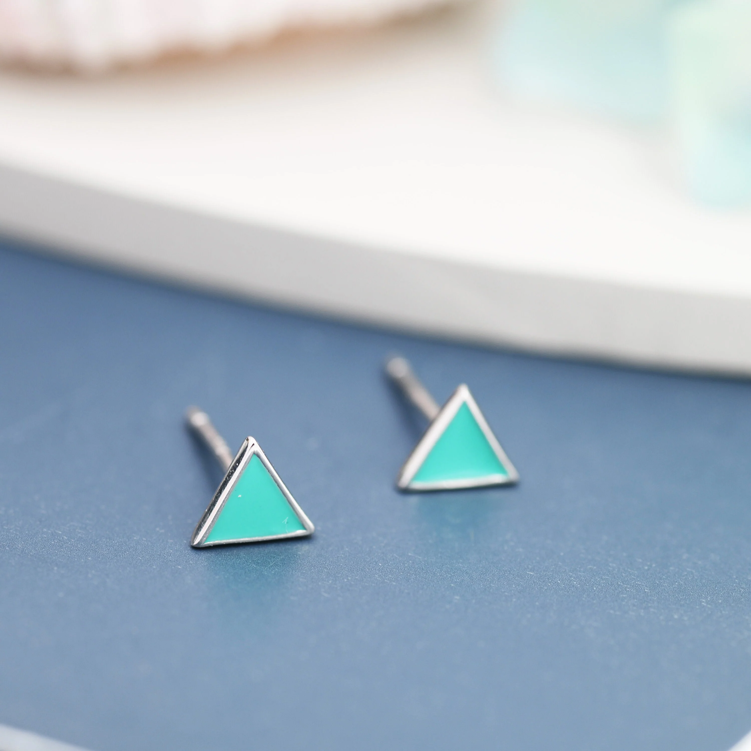 Sterling Silver Tiny Little Teal (Turquoise) Blue Triangle Stud Earrings, Minimalist Geometric Jewellery, Simple Studs - Image 5