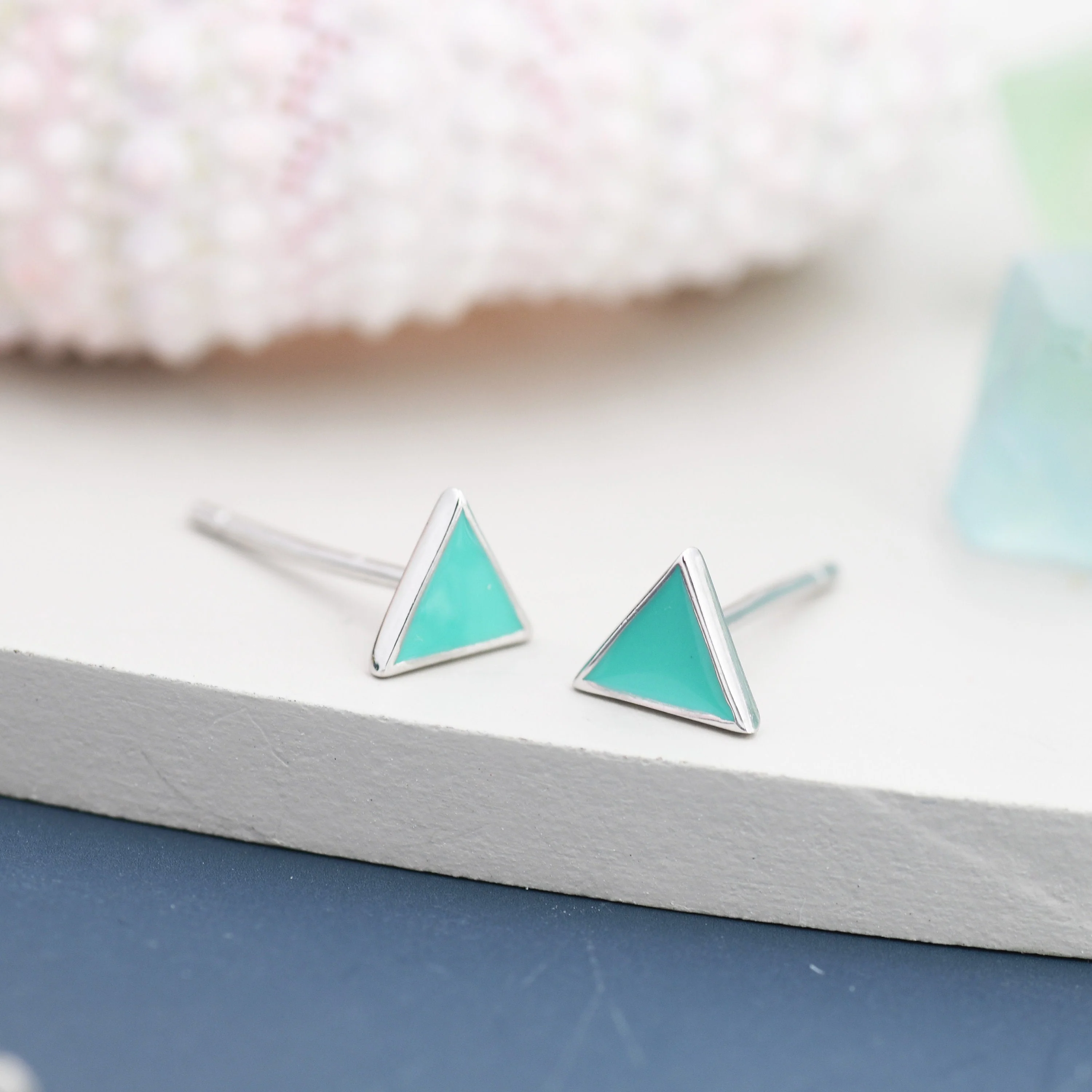 Sterling Silver Tiny Little Teal (Turquoise) Blue Triangle Stud Earrings, Minimalist Geometric Jewellery, Simple Studs - Image 7