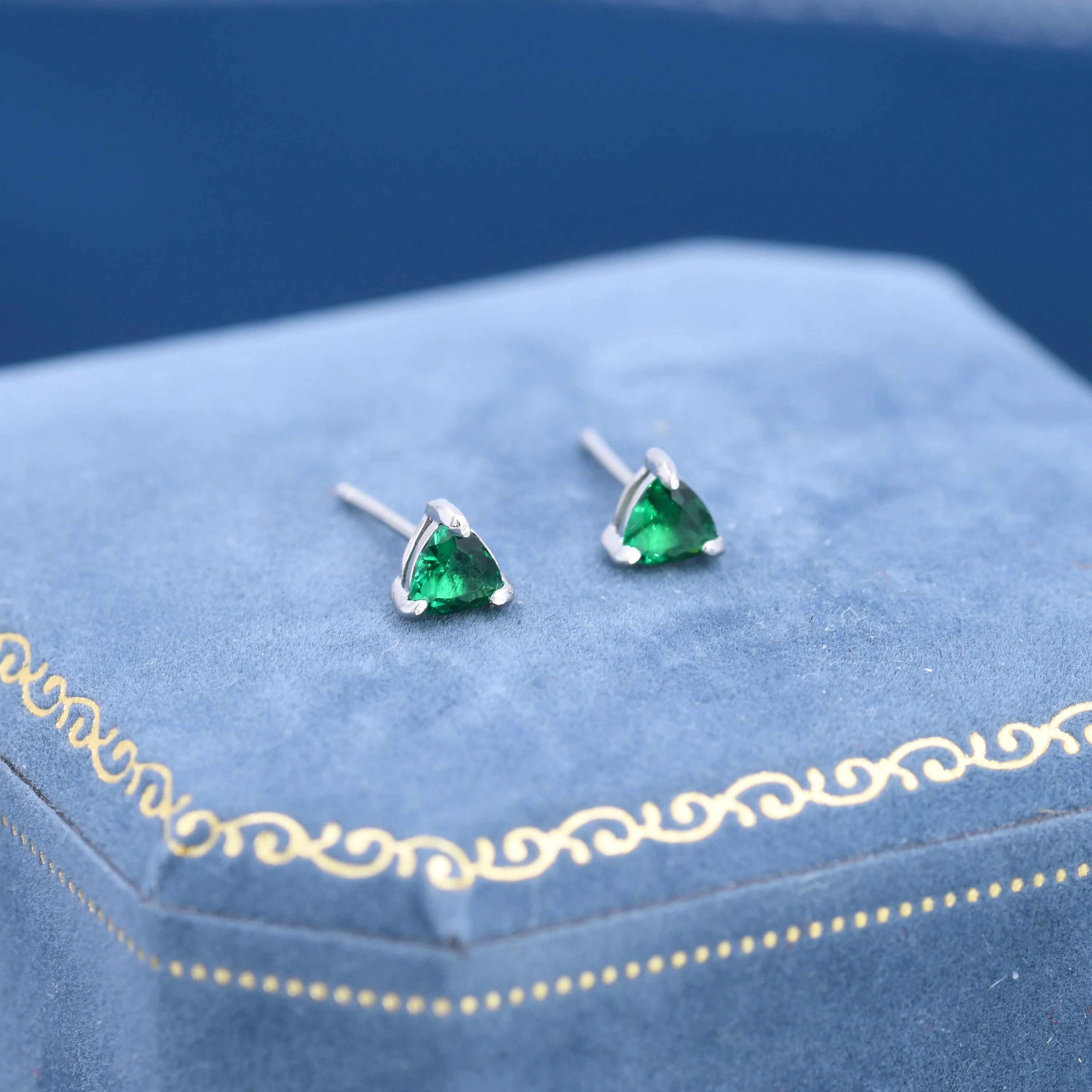Trillion Cut Emerald Green CZ Stud Earrings in Sterling Silver, Silver or Gold, Cubic Zirconia Crystal Earrings - Image 3