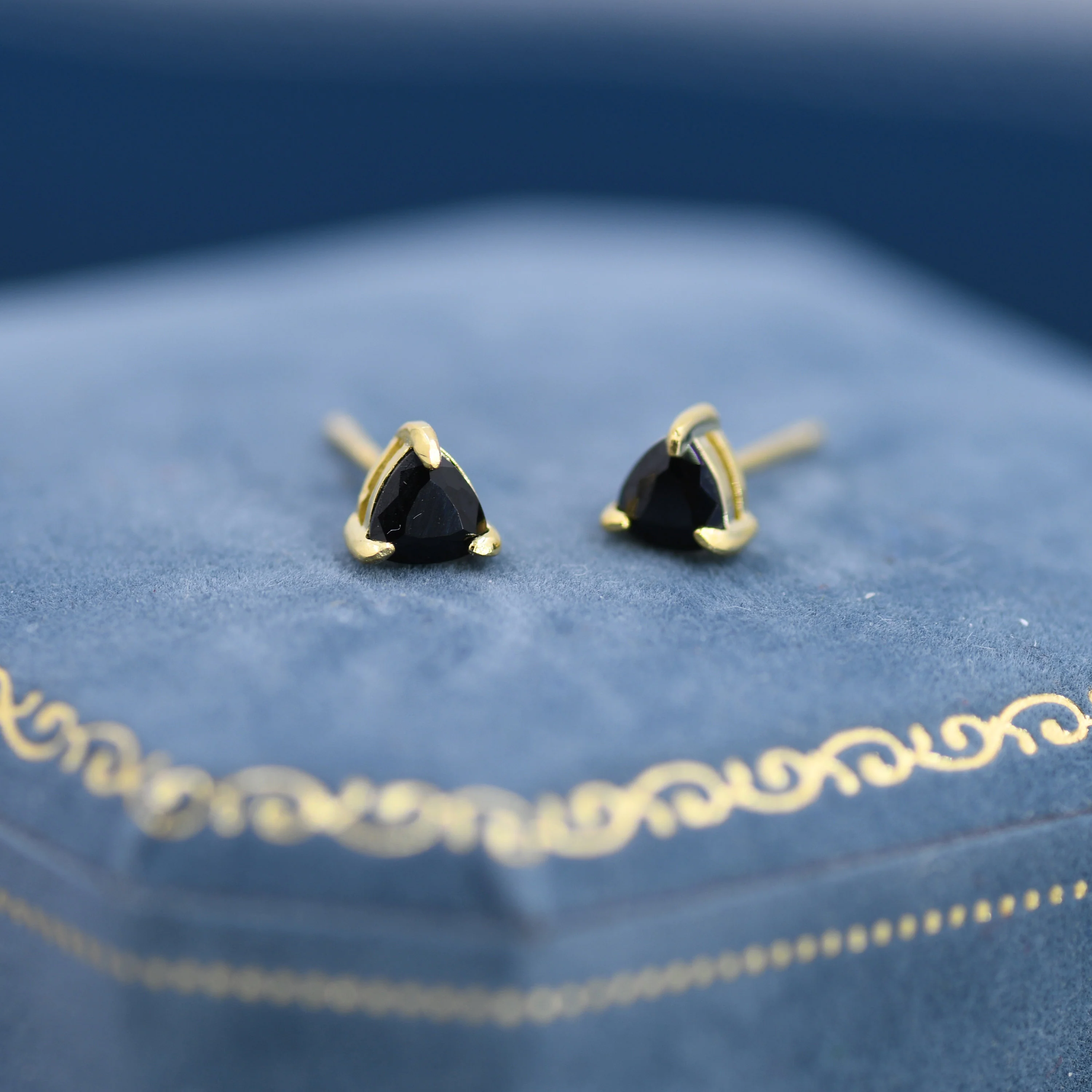 Trillion Cut Onyx Black CZ Stud Earrings in Sterling Silver, Silver or Gold, Black Cubic Zirconia Crystal Earrings - Image 3