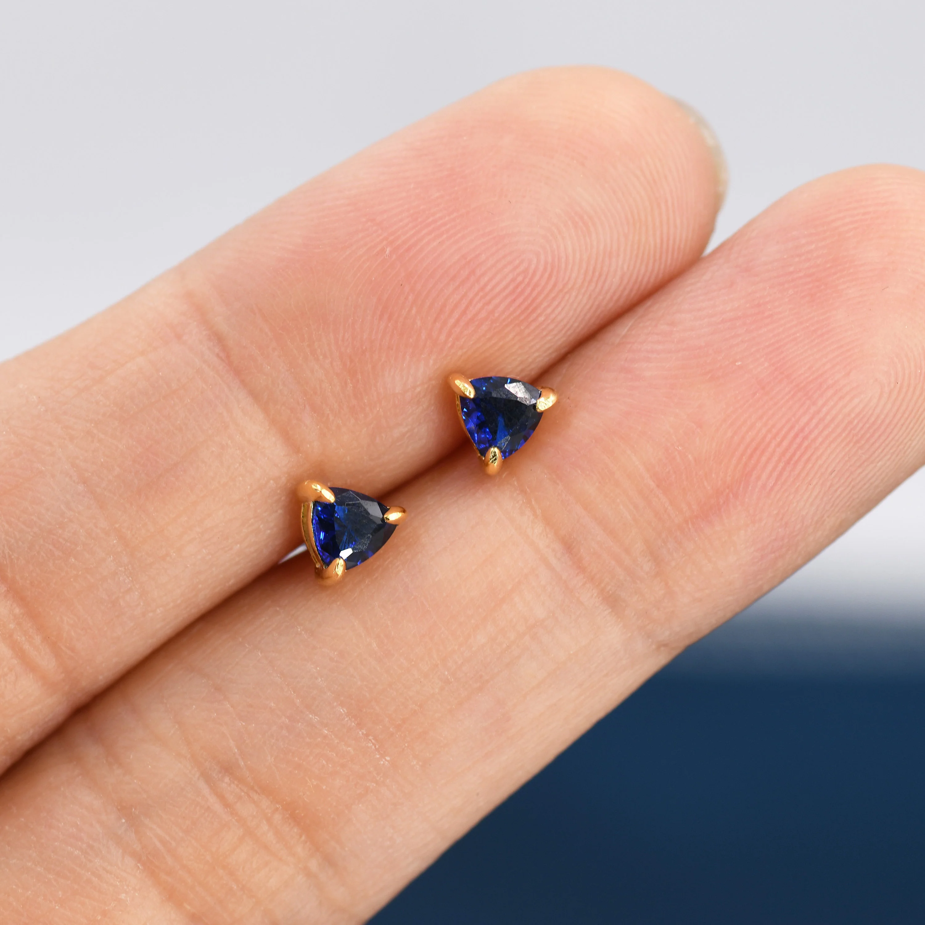 Trillion Cut Sapphire Blue CZ Stud Earrings in Sterling Silver, Silver or Gold, Blue Cubic Zirconia Crystal Earrings, September Earrings - Image 4
