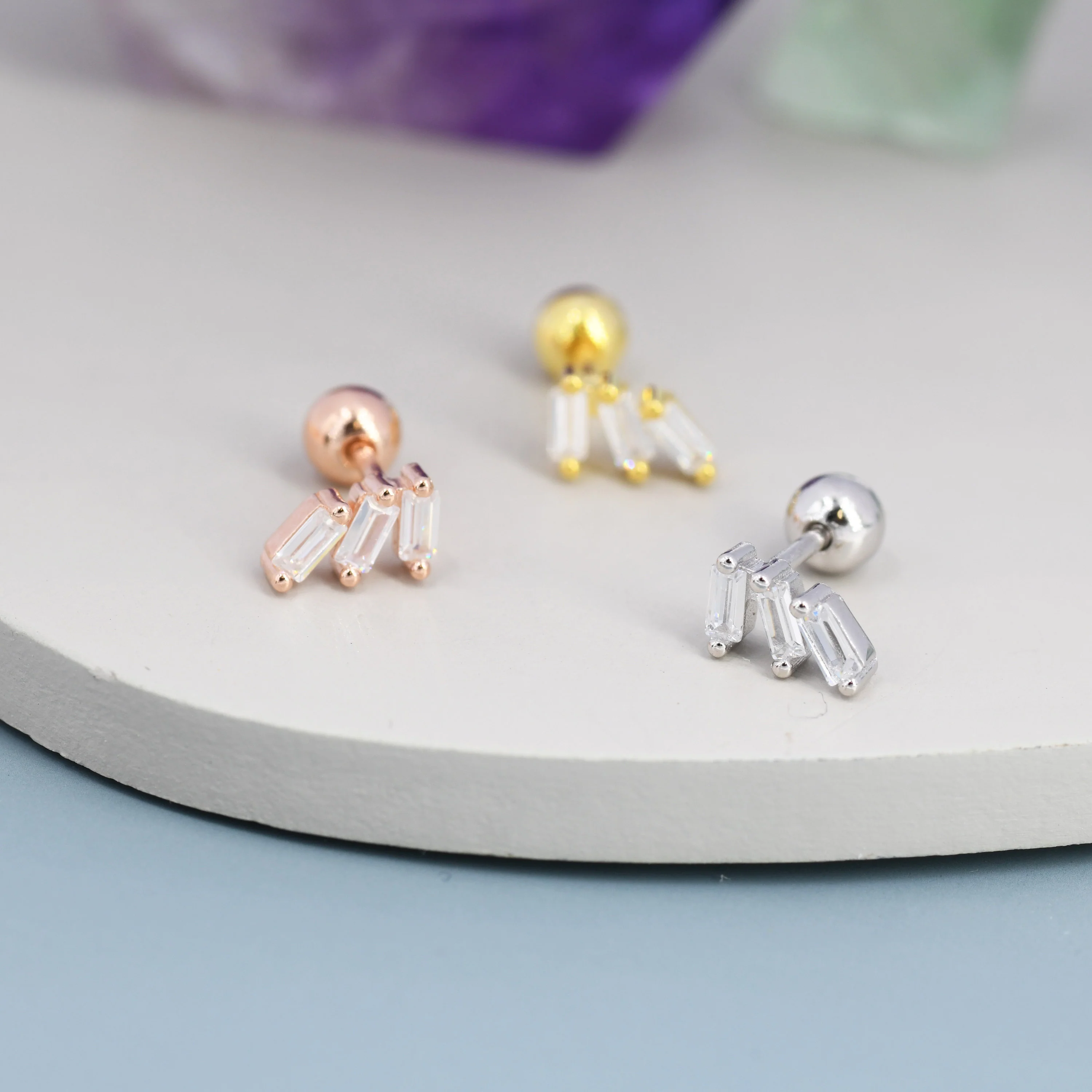Triple Baguette Screw back Earrings in Sterling Silver, Silver, Gold or Rose Gold over Sterling Silver, Baguette Cluster Screwback Earrings - Image 5