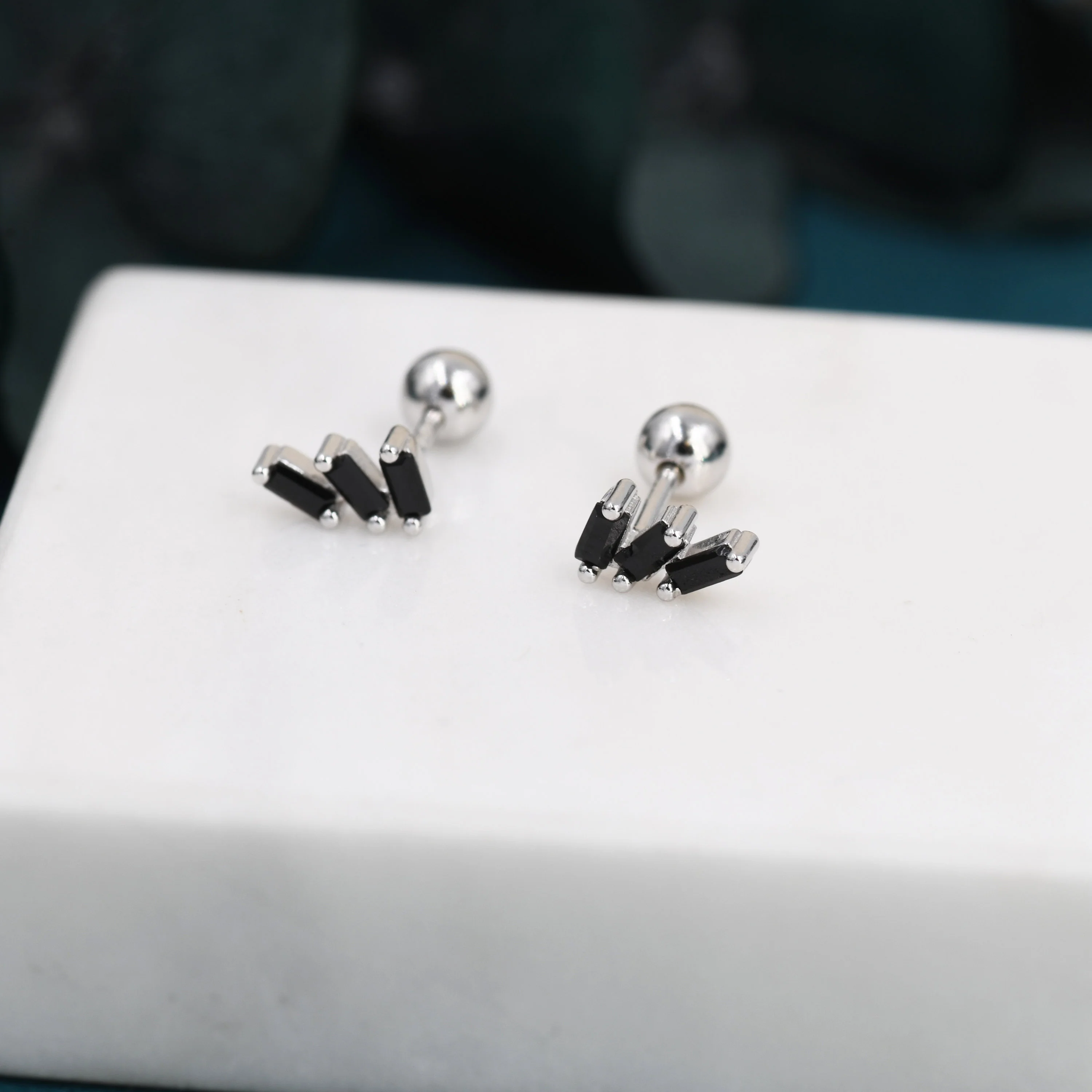 Triple Black Baguette CZ Screw back Earrings in Sterling Silver, Silver or Gold, Baguette Cluster Screwback Earrings - Image 2
