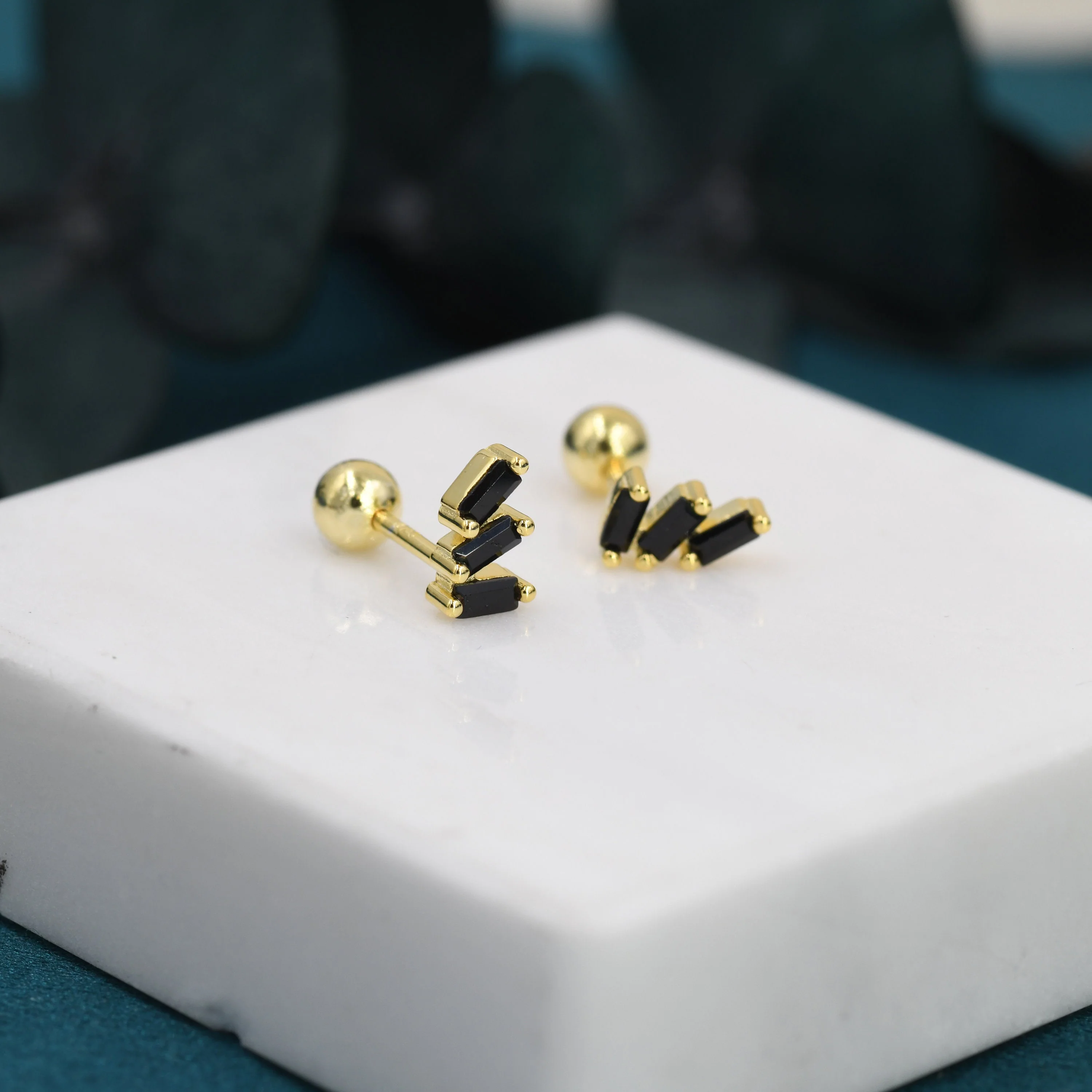 Triple Black Baguette CZ Screw back Earrings in Sterling Silver, Silver or Gold, Baguette Cluster Screwback Earrings - Image 4