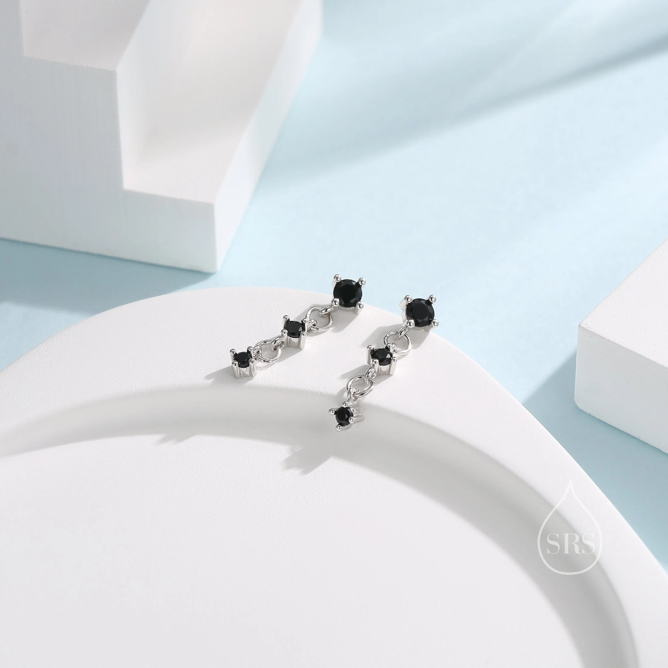 Triple Black CZ Dangle Chain Stud Drop Earrings in Sterling Silver, Silver or Gold, Three CZ Chain Earrings, CZ Drop Earrings - Image 3