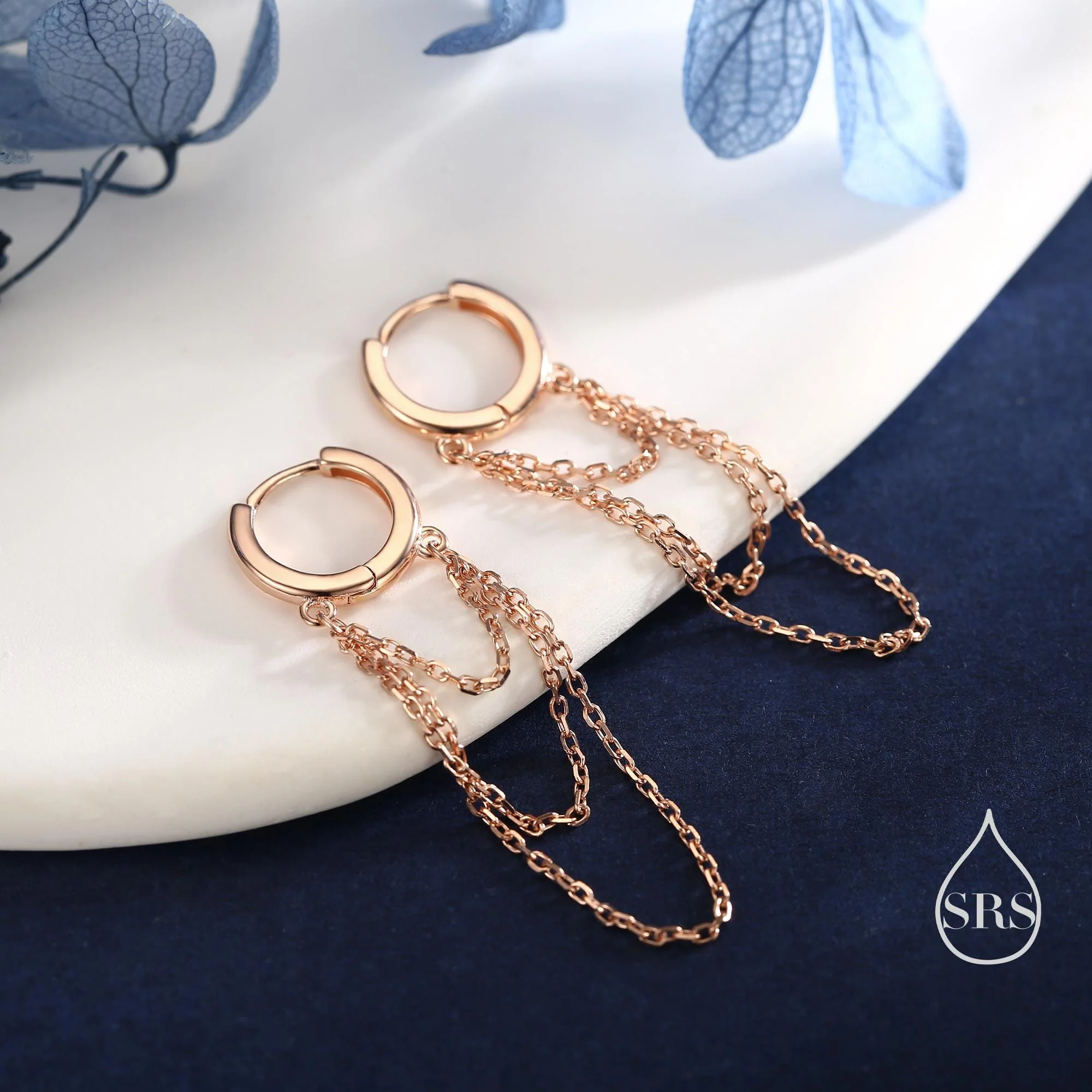 Triple Chained Hoop Earrings in Sterling Silver, Silver or Gold or Rose Gold, Huggie Hoops with Three Chains - Image 6