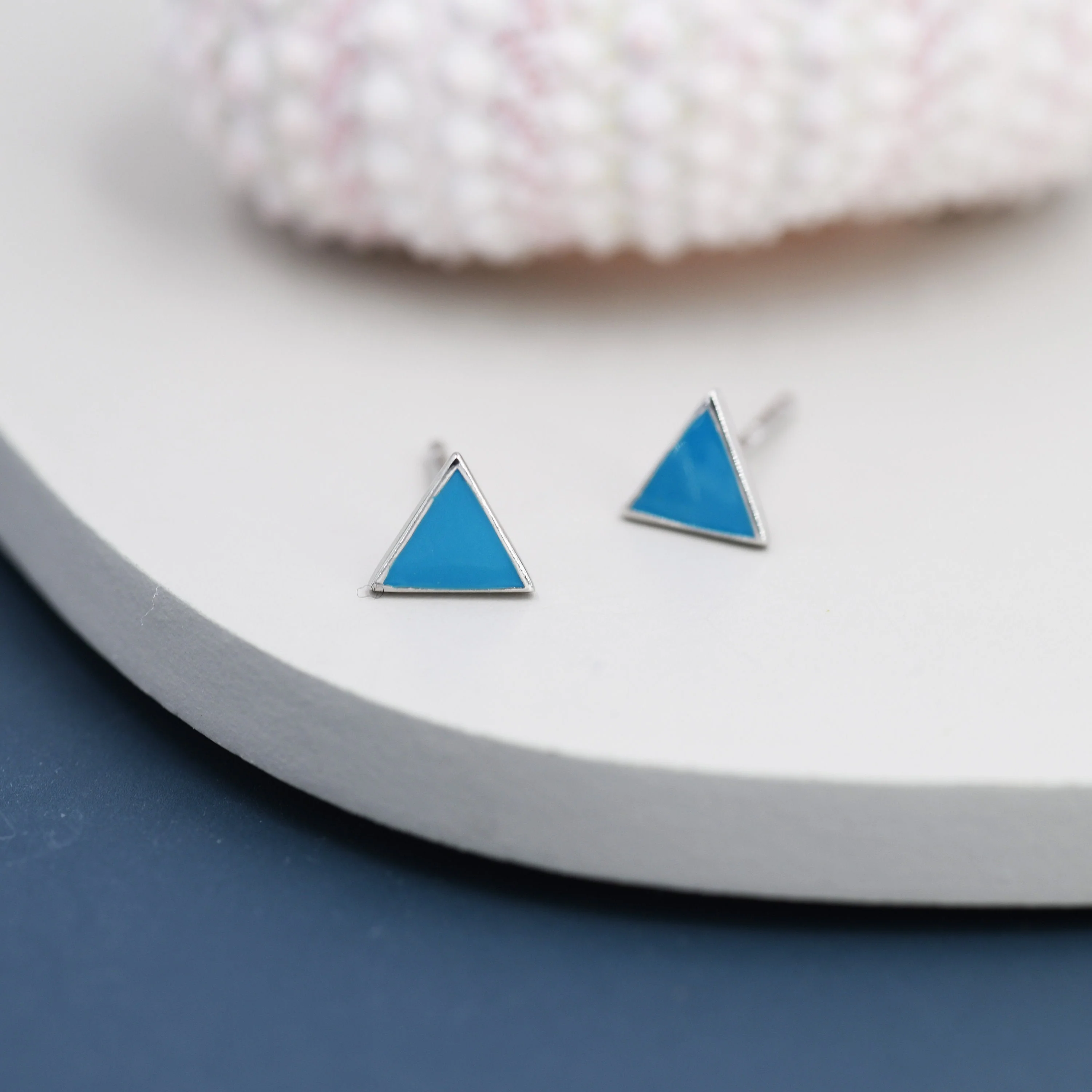Turquoise Blue Triangle Stud Earrings in Sterling Silver with Hand Painted Enamel, Turquoise Stud, Tiny Triangle Stud - Image 3