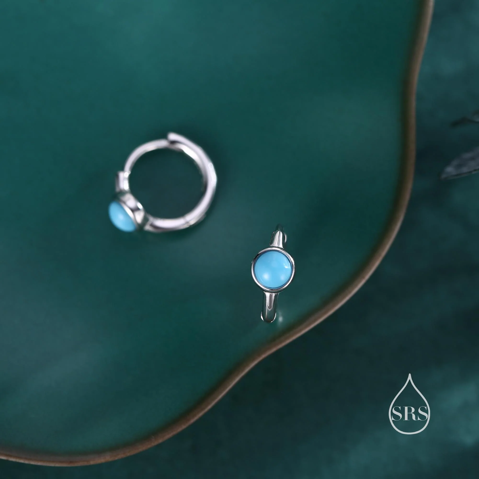 Turquoise Huggie Hoop Earrings in Sterling Silver, Silver or Gold, Tiny Turquoise Hoops, Genuine Turquoise Hoops, Blue Turquoise Hoops - Image 2