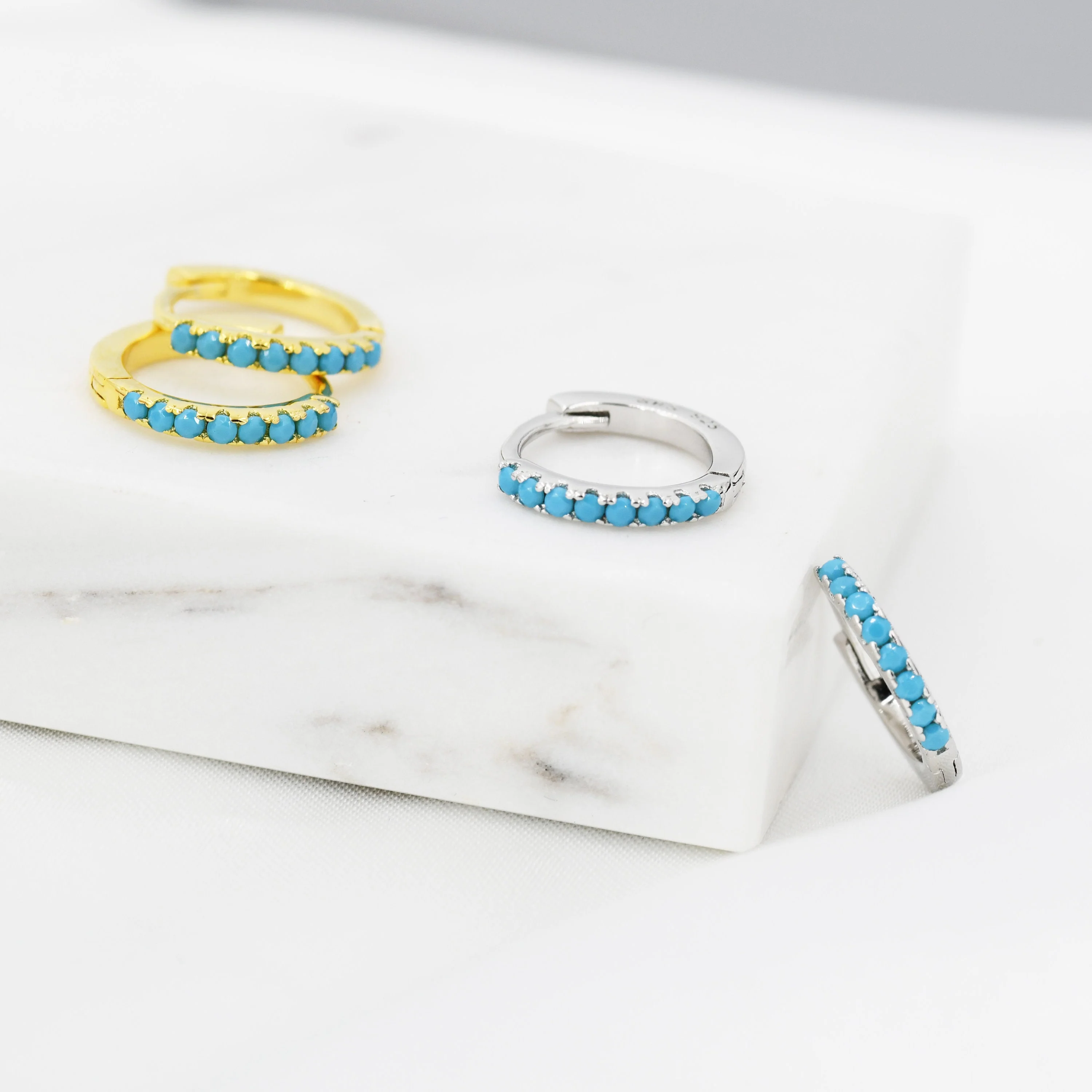 Turquoise Huggie Hoop in Sterling Silver, Silver or Gold, 6mm, 7mm, 8mm and 9mm Inner Diameter Hoop Earrings, Turquoise Earrings - Image 7