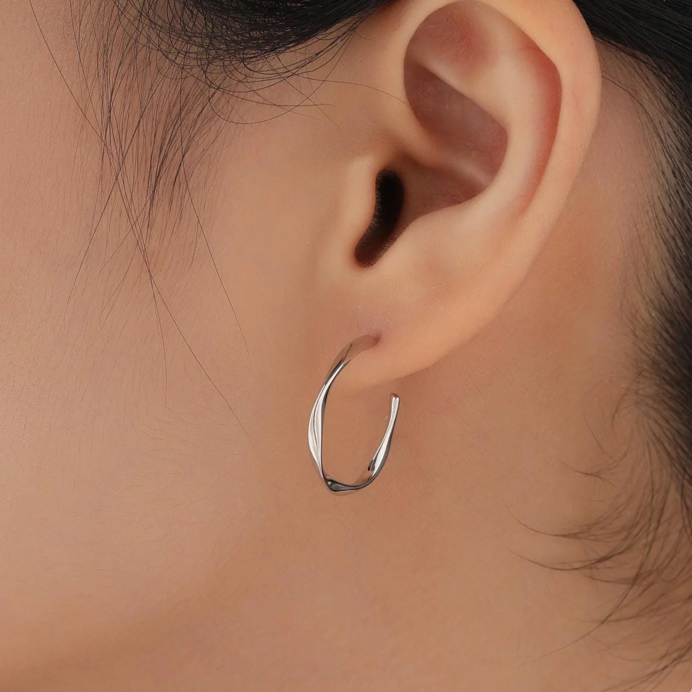 Twisted Strip Mobius Band Large Semi Hoop Stud Earrings in Sterling Silver, Silver or Gold or Rose Gold, Minimalist Contemporary Design - Image 2