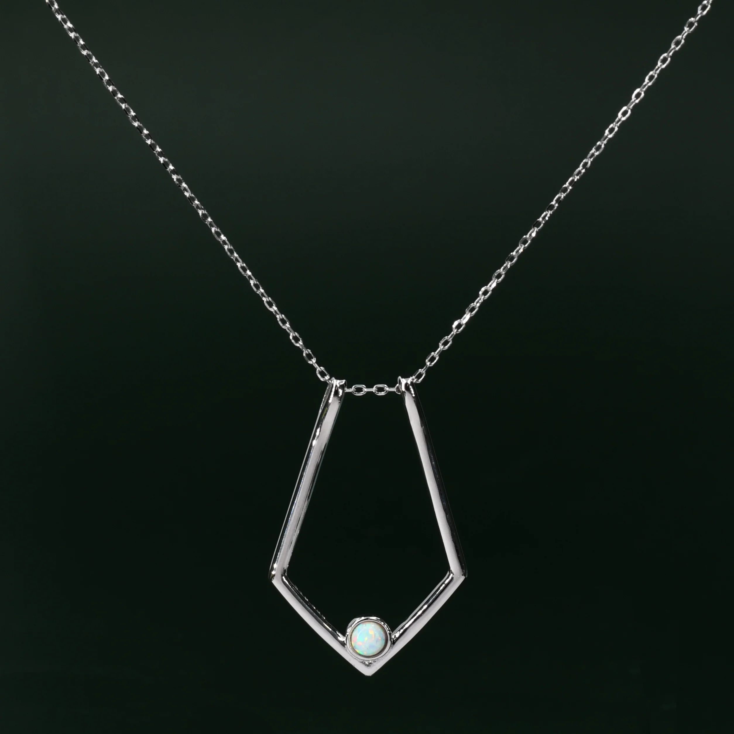 UK Only – Rhombus Ring Holder Necklace with Lab-Created White Opal in Sterling Silver, Gold or Rose Gold,50cm