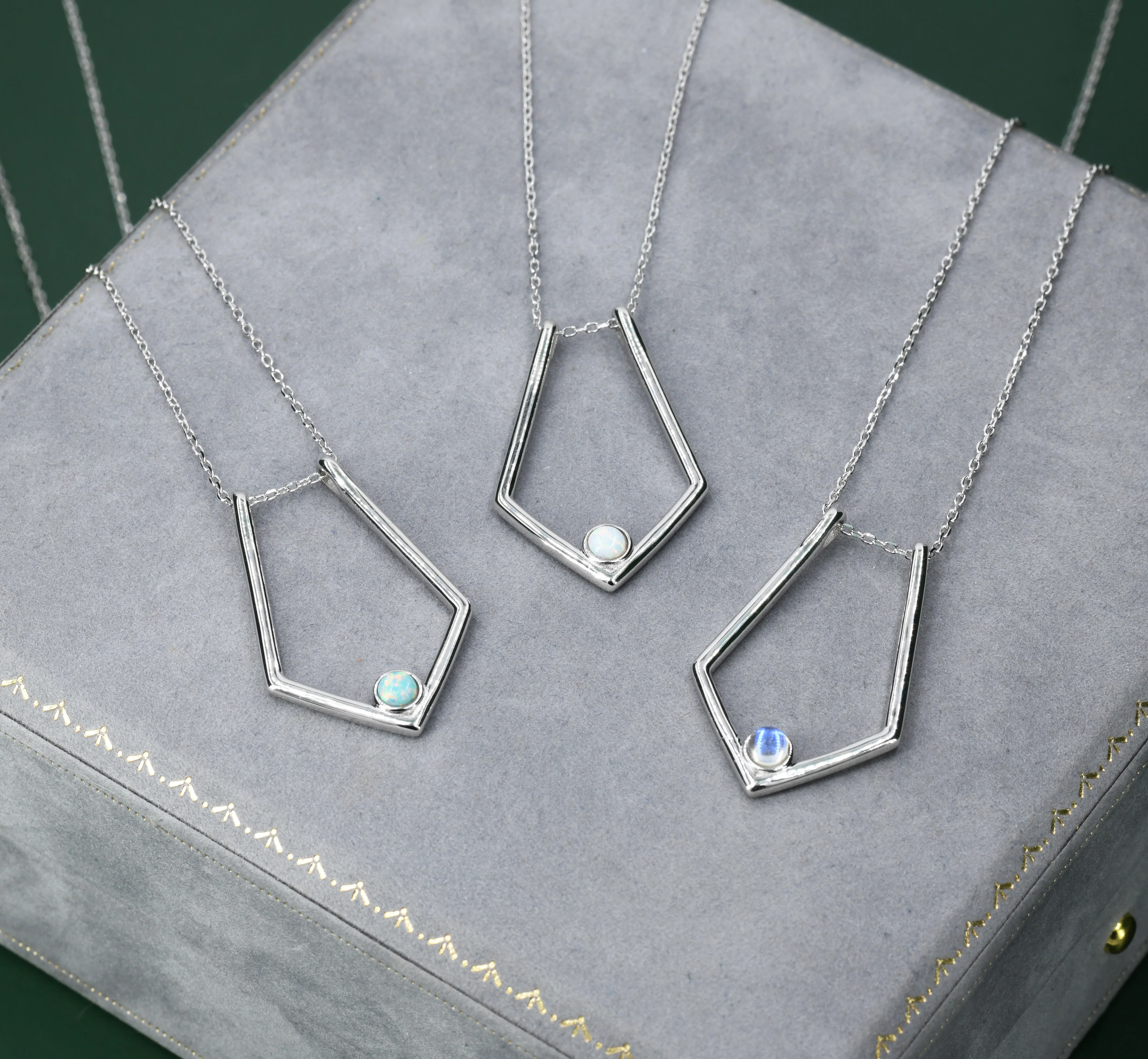 UK Only – Rhombus Ring Holder Necklace with Lab-Created White Opal in Sterling Silver, Gold or Rose Gold,50cm - Image 3