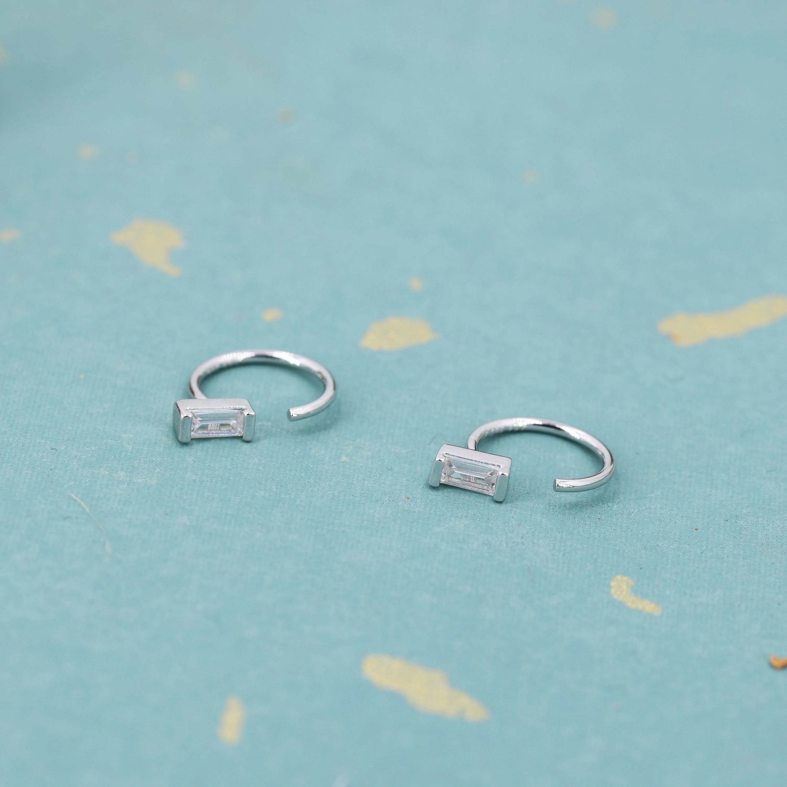 Vertical Baguette Cut CZ Huggie Hoop Earrings in Sterling Silver, Silver or Gold, Open Hoops, Pull-Through Threader Earrings - Image 2