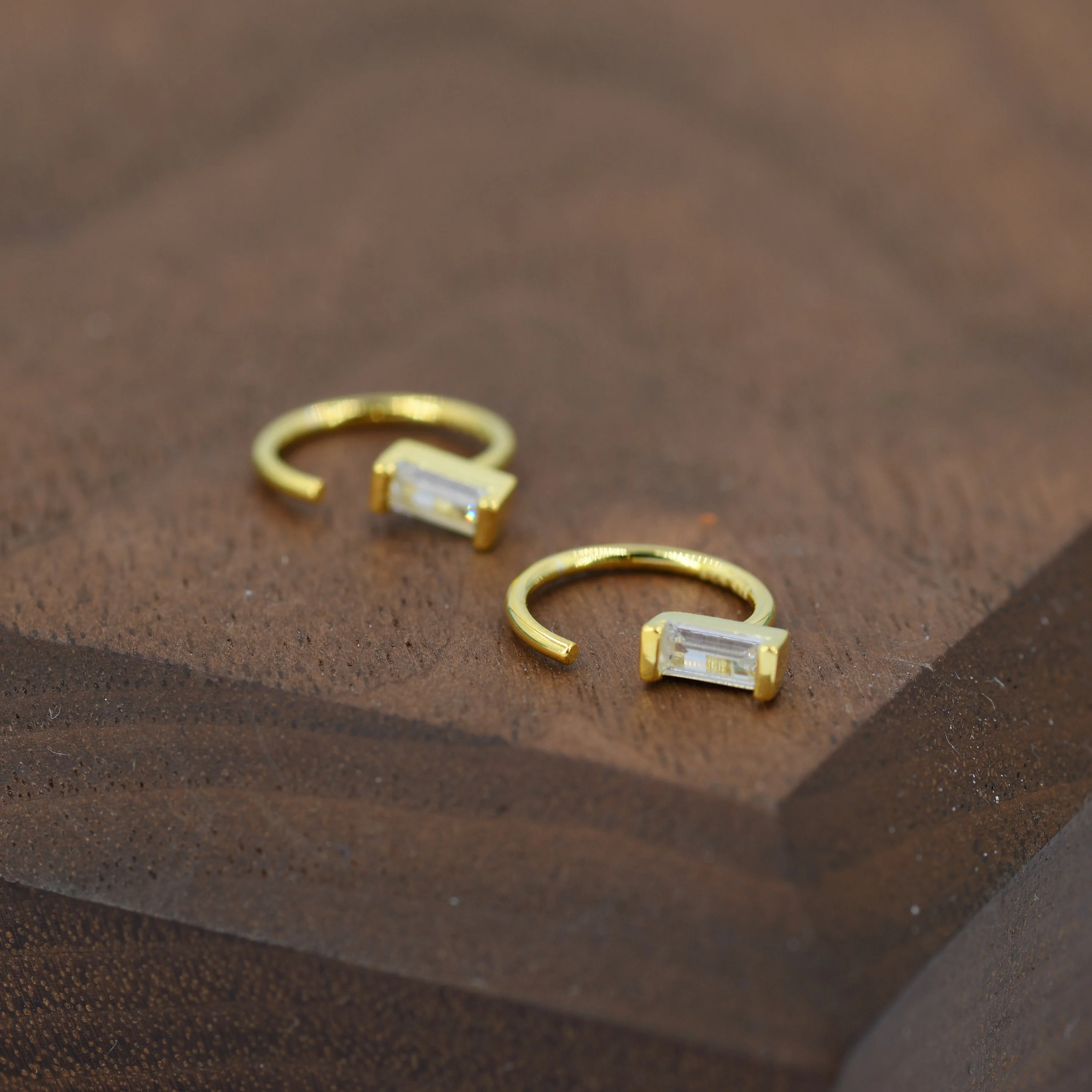 Vertical Baguette Cut CZ Huggie Hoop Earrings in Sterling Silver, Silver or Gold, Open Hoops, Pull-Through Threader Earrings - Image 7
