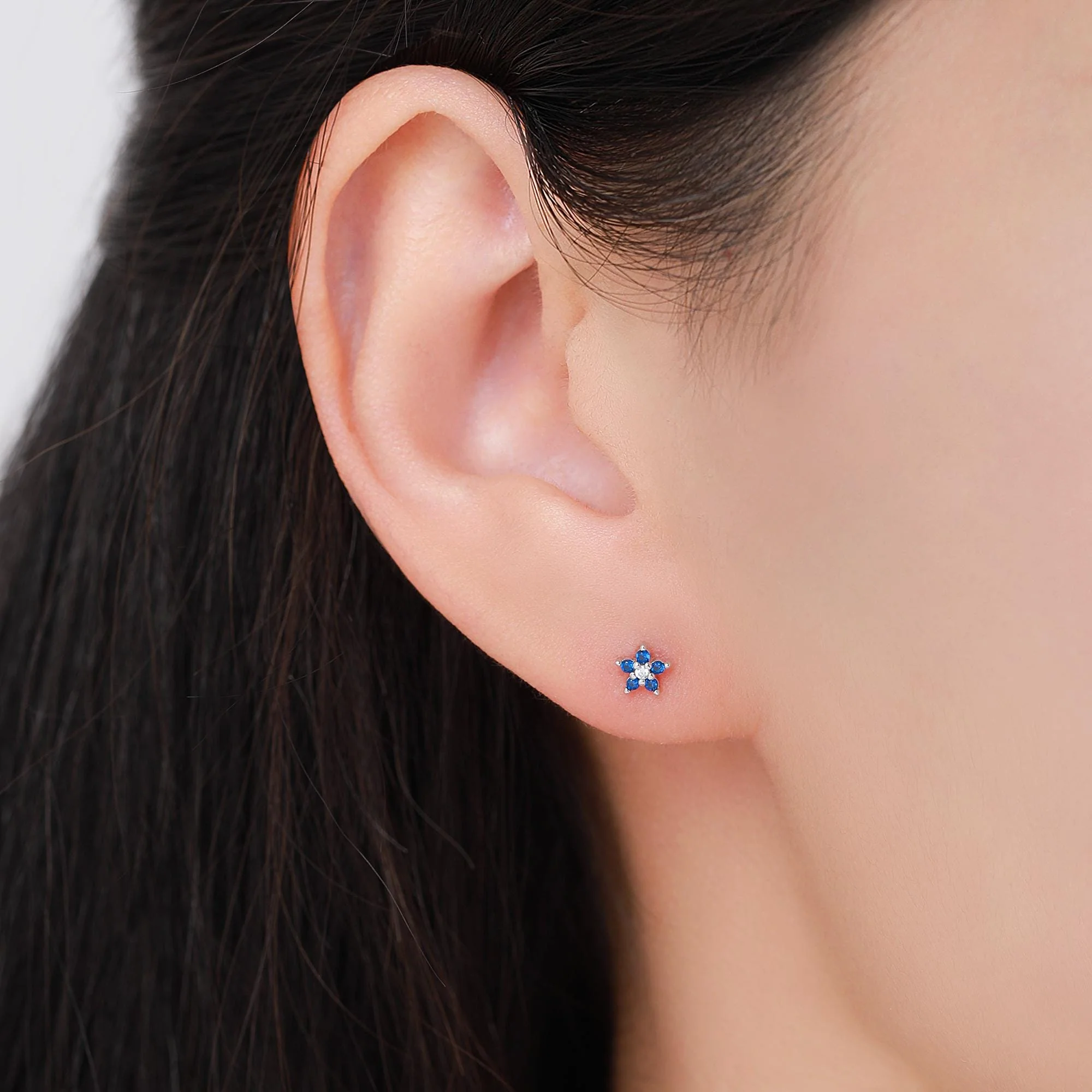 Tiny Sapphire Blue CZ Flower Stud Earrings in Sterling Silver, Silver or Gold, Forget Me Not Crystal Flower Earrings, Stacking Earring - Image 8