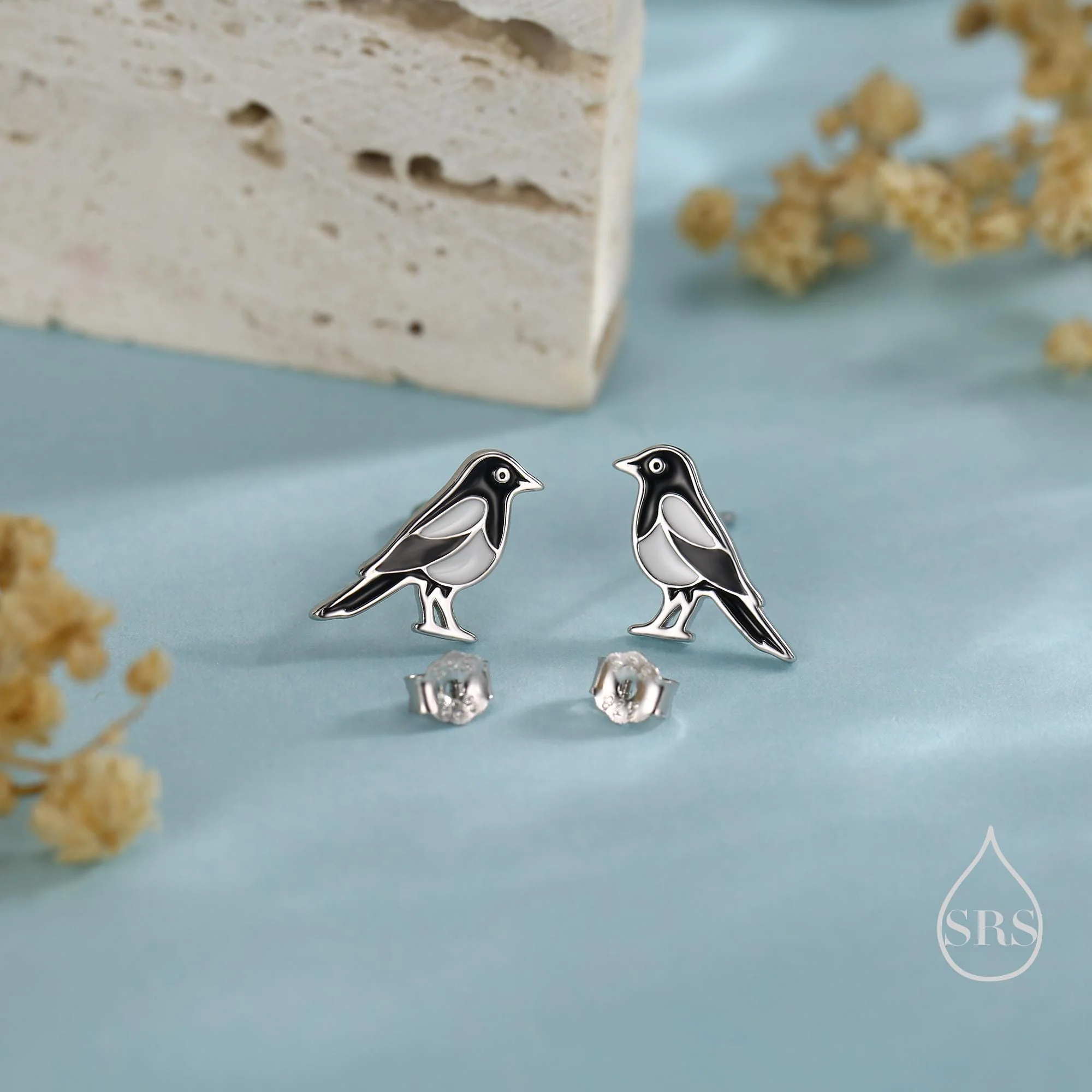Very Small Sterling Silver Magpie Bird Stud Earrings, Enamel Coated Magpie Bird Earrings, Nature Inspired Animal Earrings, Magpie Stud - Image 5
