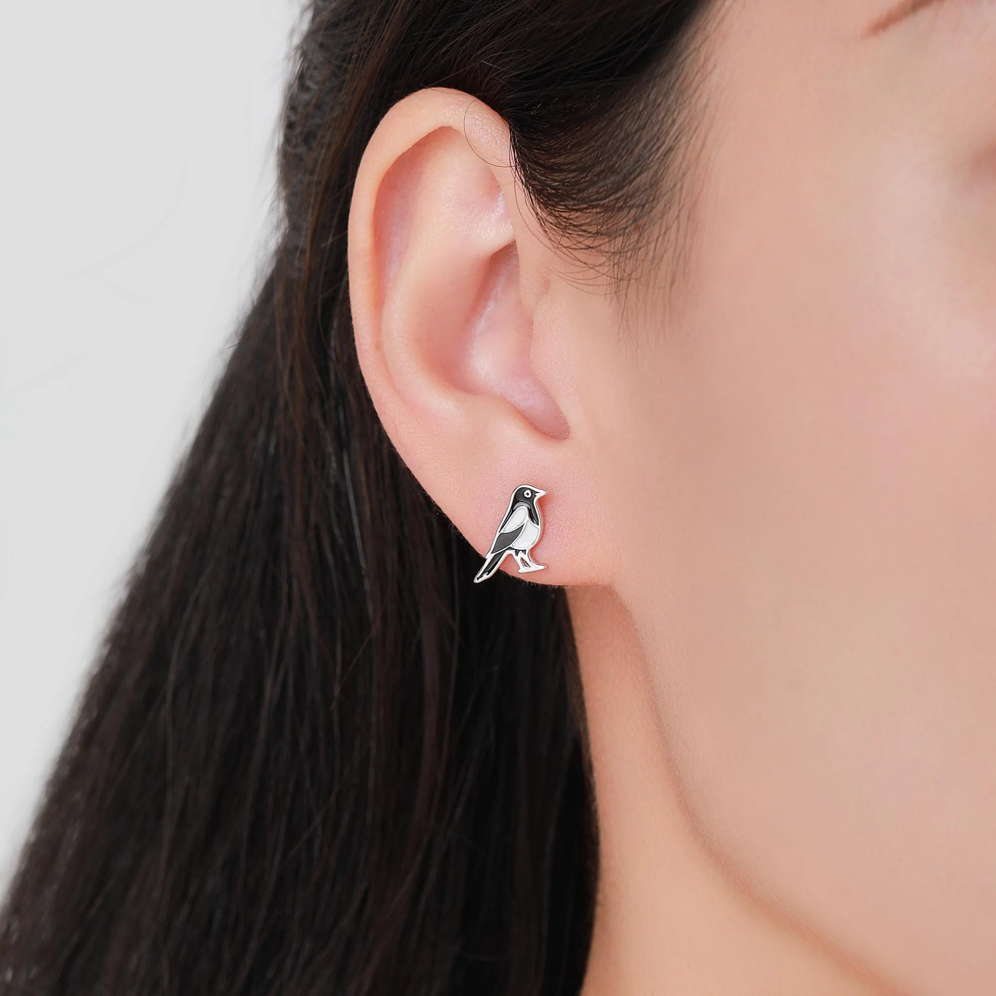 Very Small Sterling Silver Magpie Bird Stud Earrings, Enamel Coated Magpie Bird Earrings, Nature Inspired Animal Earrings, Magpie Stud - Image 7