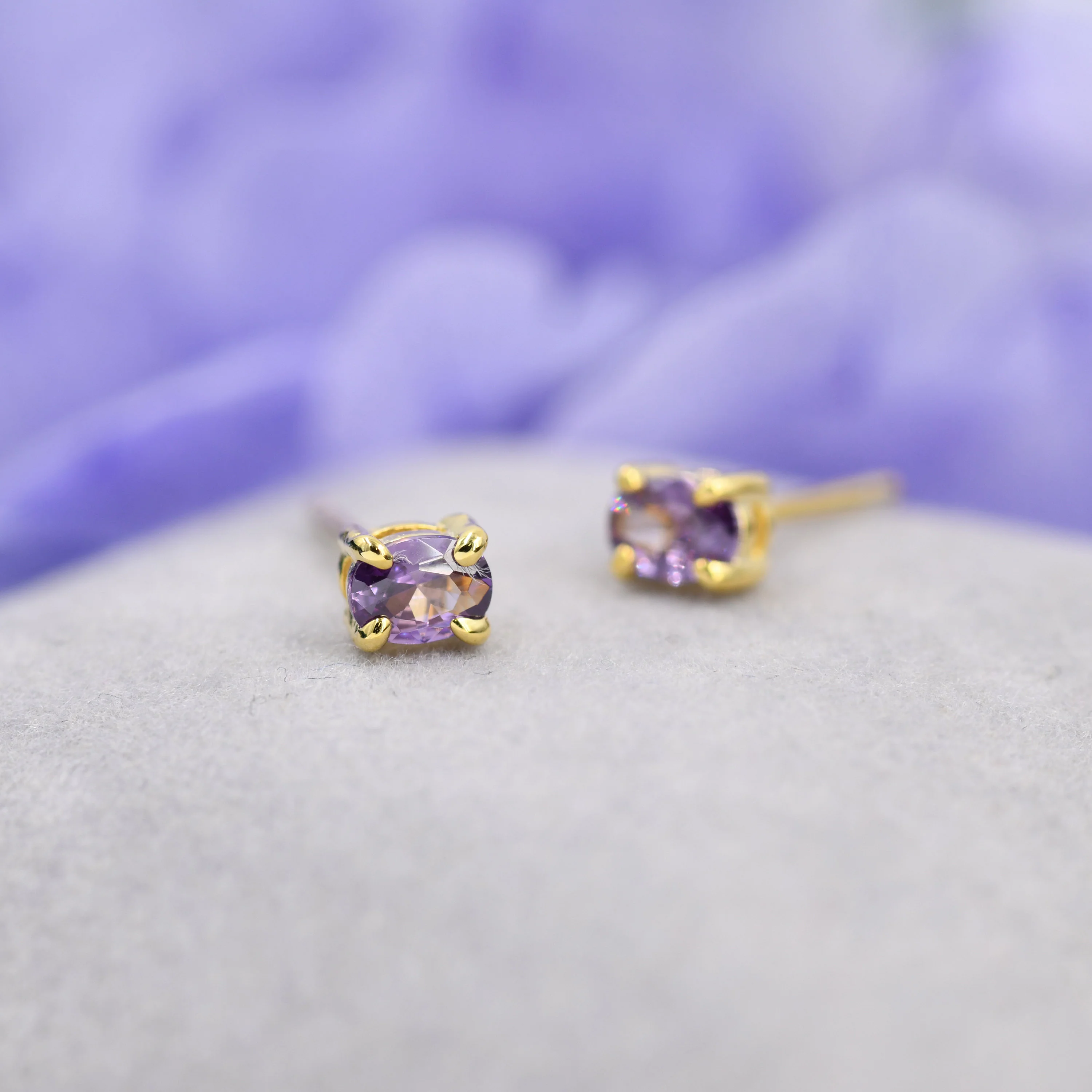 Very Tiny Amethyst Purple Oval CZ Stud Earrings in Sterling Silver,  Silver or Gold, Oval Cut Crystal Earrings, February Birthstone - Image 2