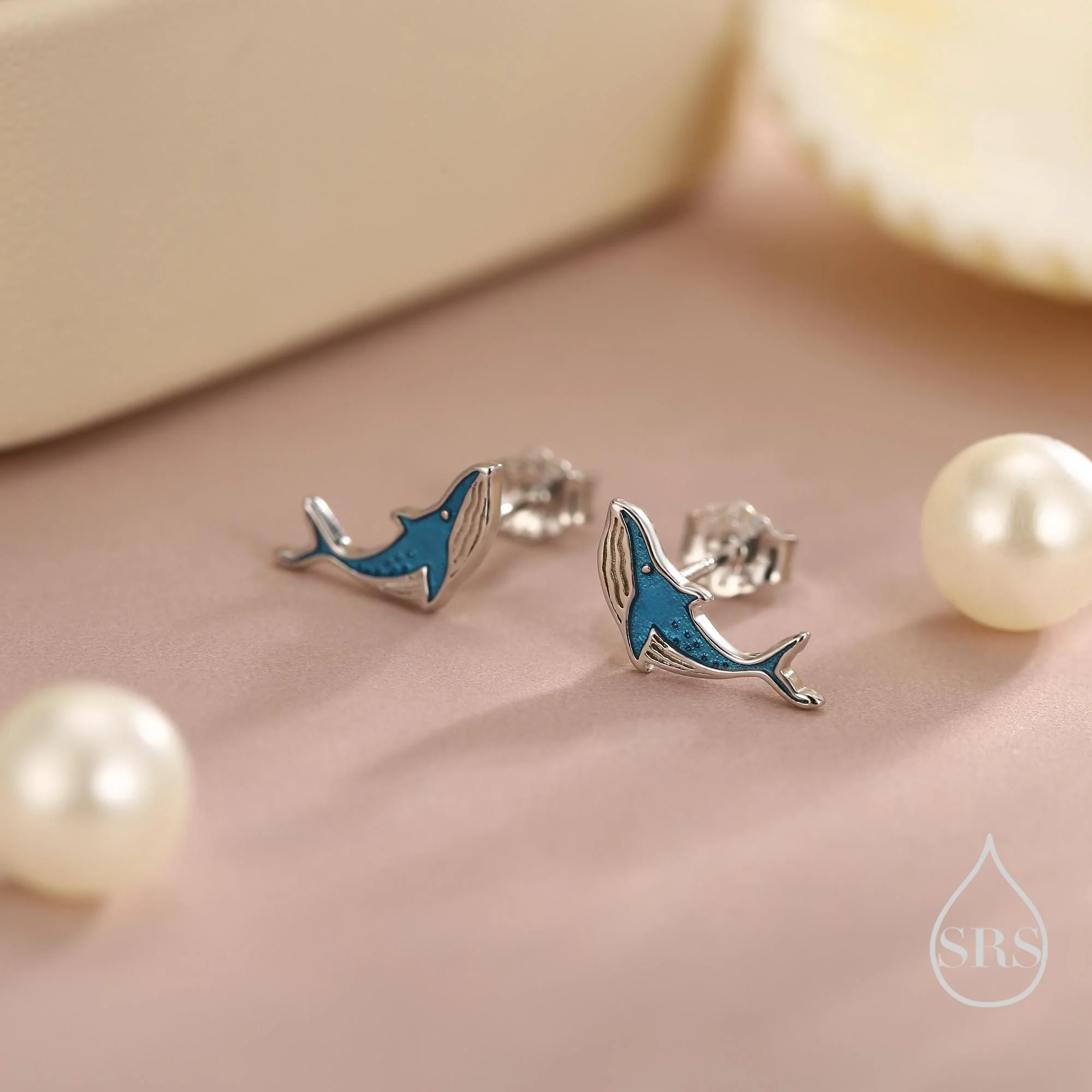 Very Tiny Blue Whale Stud Earrings in Sterling Silver with Hand Painted Enamel, Cute Whale Earrings