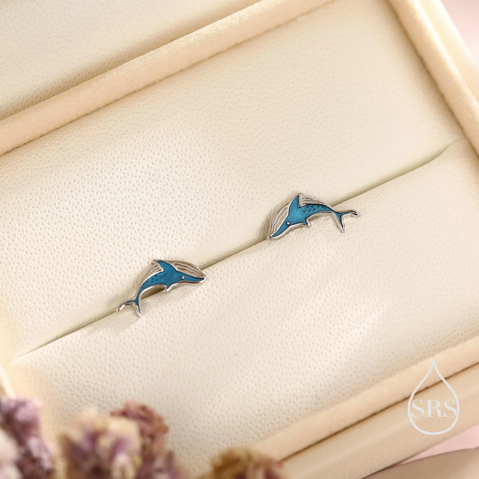 Very Tiny Blue Whale Stud Earrings in Sterling Silver with Hand Painted Enamel, Cute Whale Earrings - Image 4