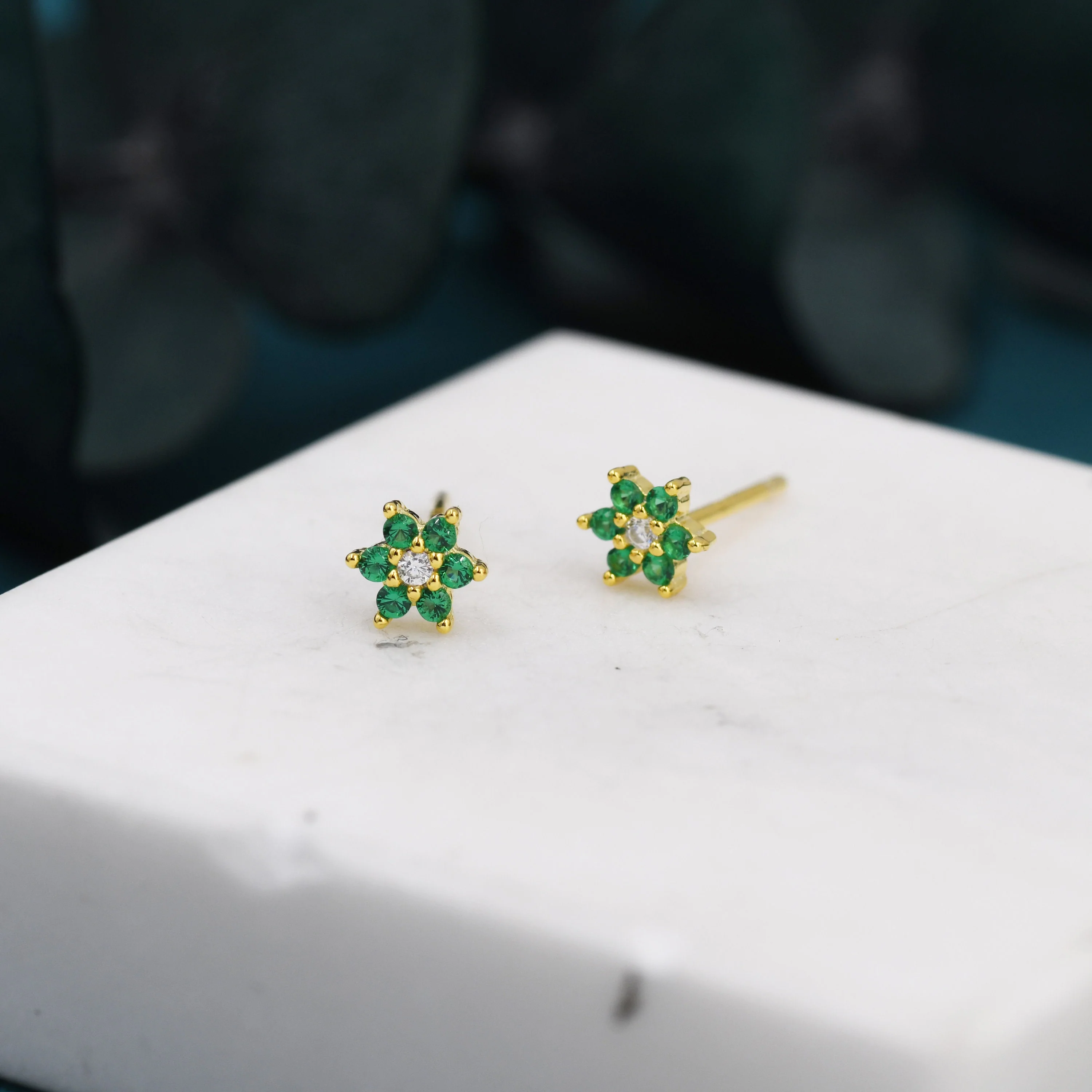 Very Tiny Emerald Green CZ Flower Stud Earrings in Sterling Silver, Silver or Gold, Crystal Flower Earrings, Stacking Earrings - Image 4