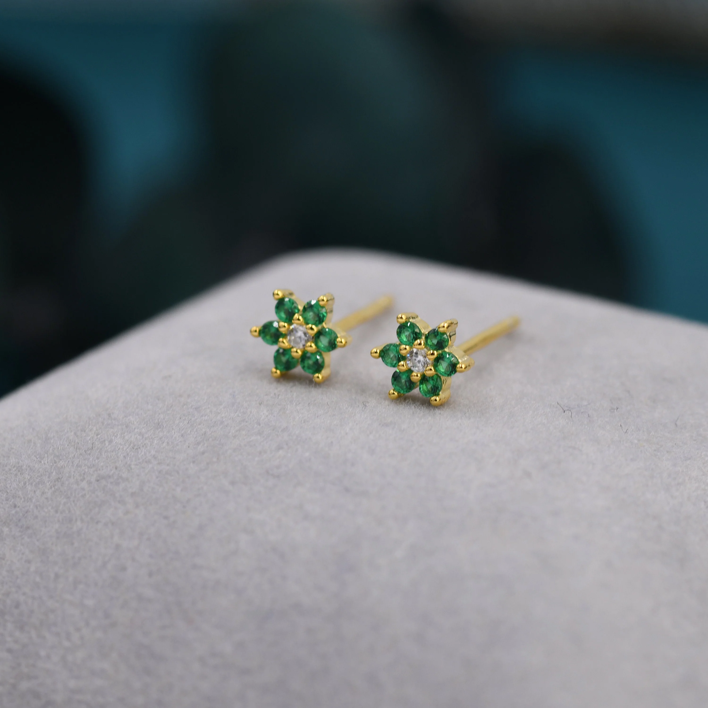 Very Tiny Emerald Green CZ Flower Stud Earrings in Sterling Silver, Silver or Gold, Crystal Flower Earrings, Stacking Earrings - Image 6