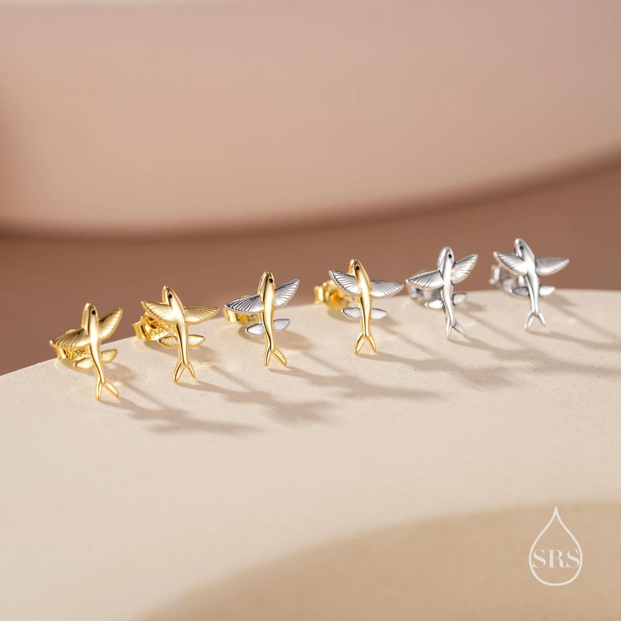 Very Tiny Flying Fish Stud Earrings in Sterling Silver, Silver or Gold or Mixed Tone, Cute Flying Fish Earrings - Image 8