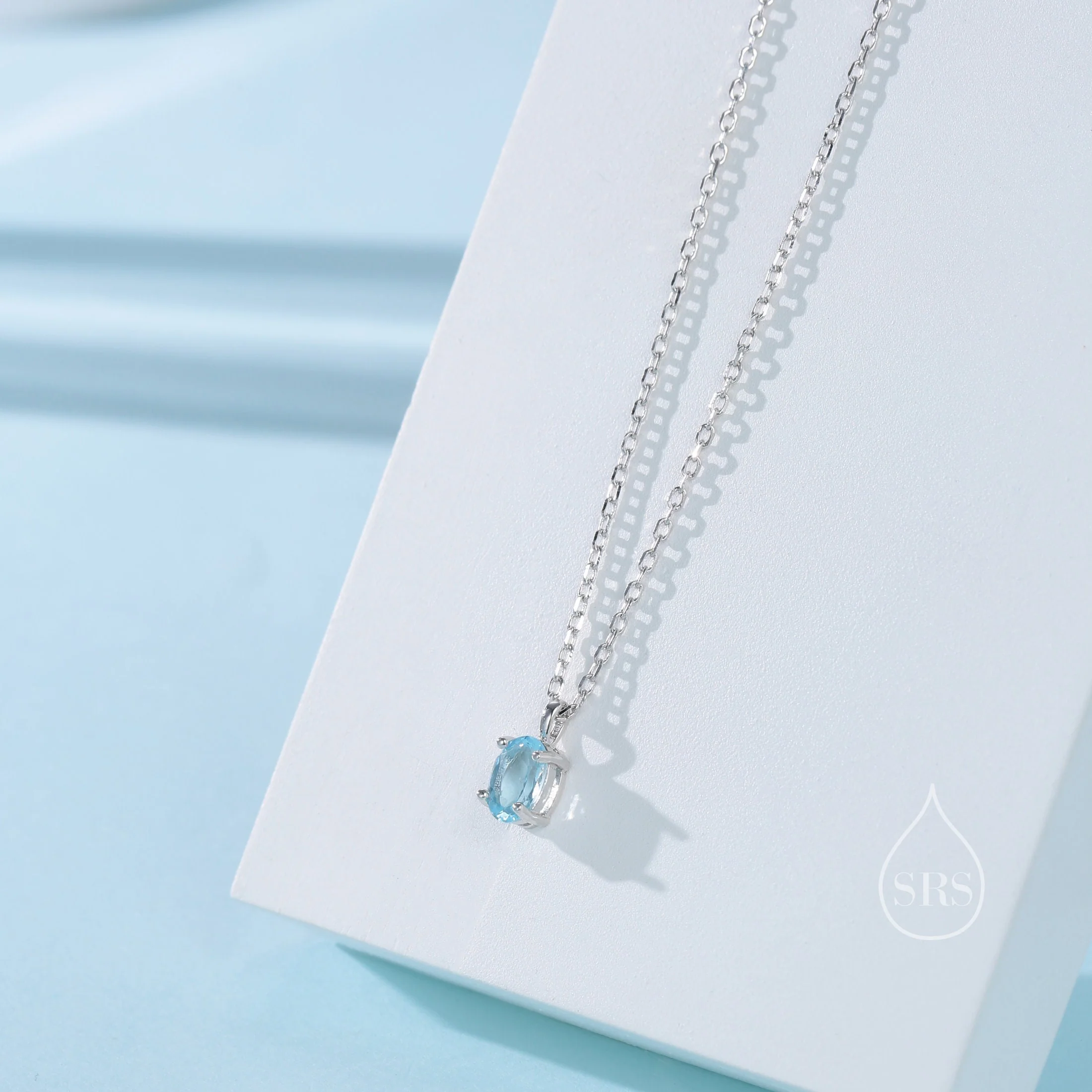 Very Tiny Genuine Swiss Blue Topaz Crystal Oval Pendant Necklace in Sterling Silver, 4x6mm Tiny Oval Blue Topaz Necklace, March Birthstone - Image 6