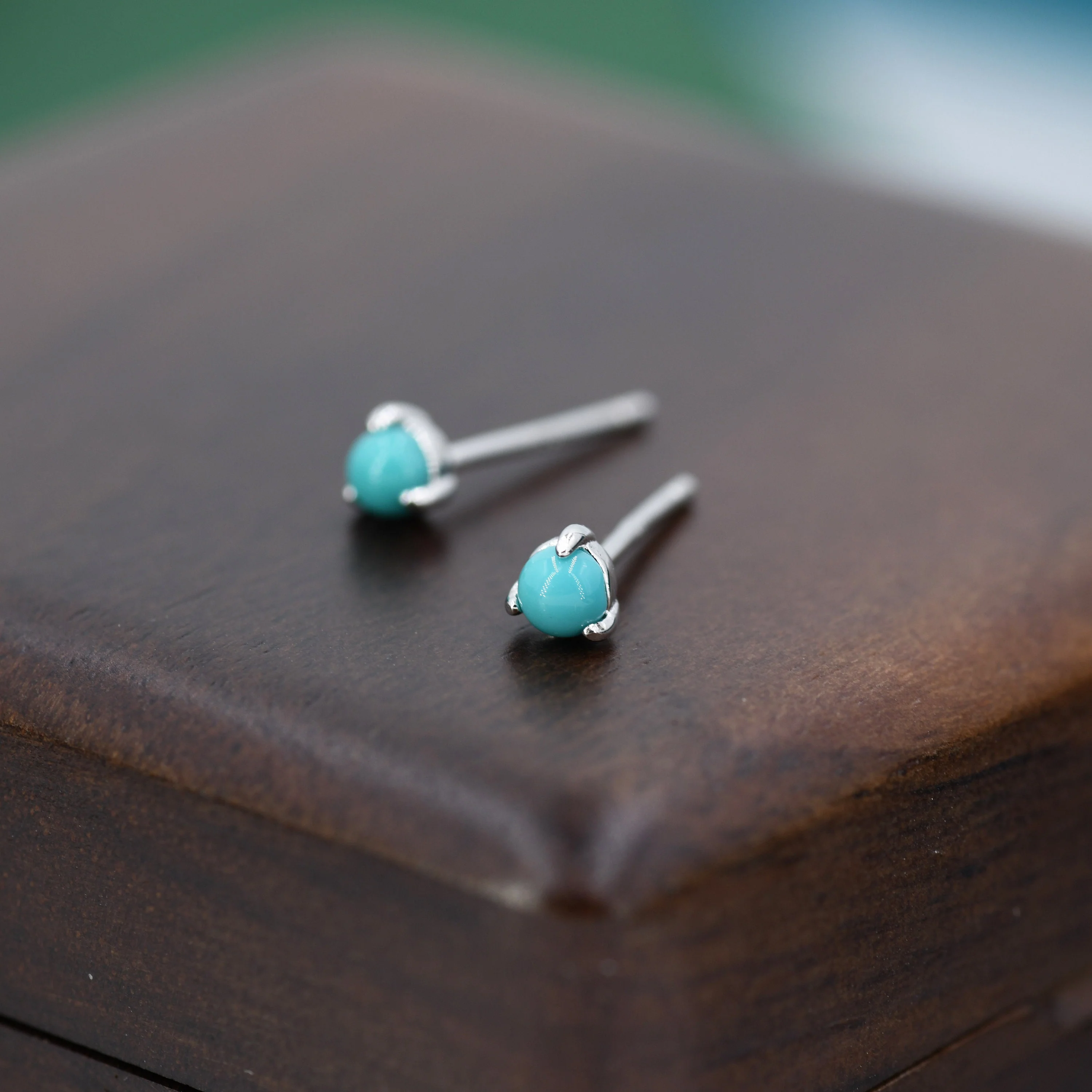 Very Tiny Genuine Turquoise Stone Stud Earrings in Sterling Silver, 3mm Turquoise Stud, Blue Turquoise Earrings, December Birthstone - Image 4
