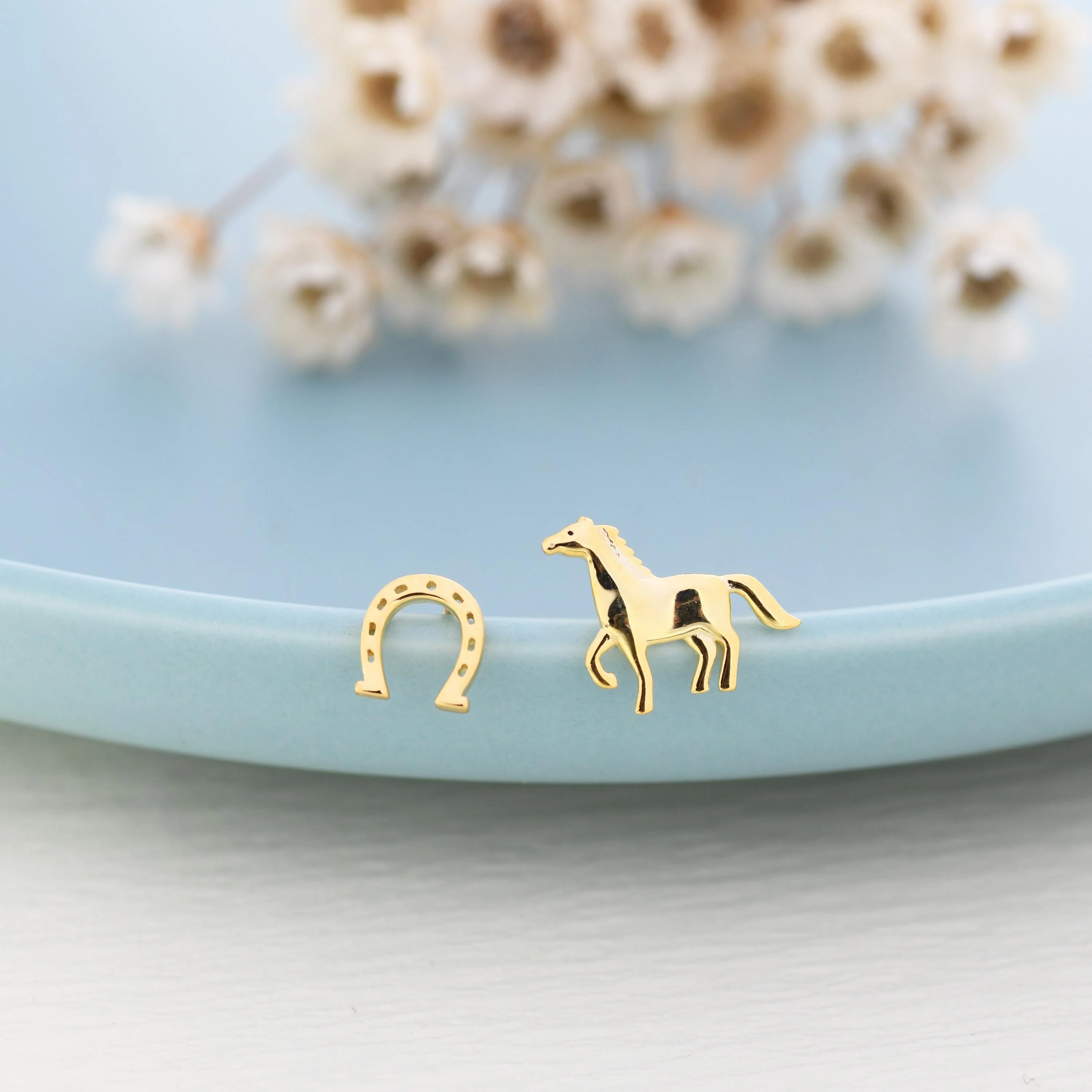 Very Tiny Mismatched Running Horse and Horseshoe Stud Earrings in Sterling Silver, Asymmetric Horse Shoe Stud, Horse Shoe Earrings - Image 5