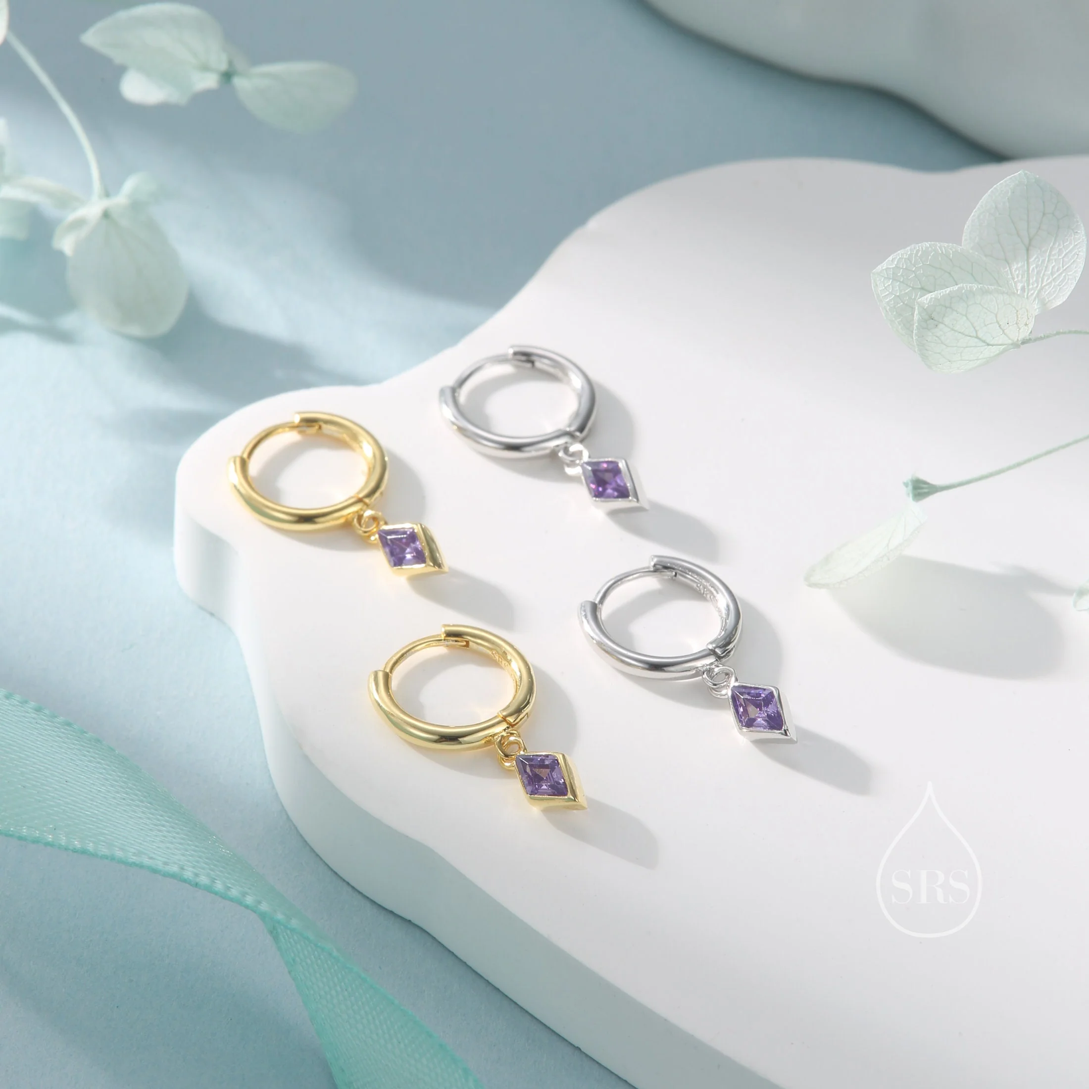 Very Tiny Rhombus Amethyst Purple CZ Huggie Hoop in Sterling Silver, Silver or Gold, Minimalist Simple Kite Shape CZ Hoop Earrings - Image 3