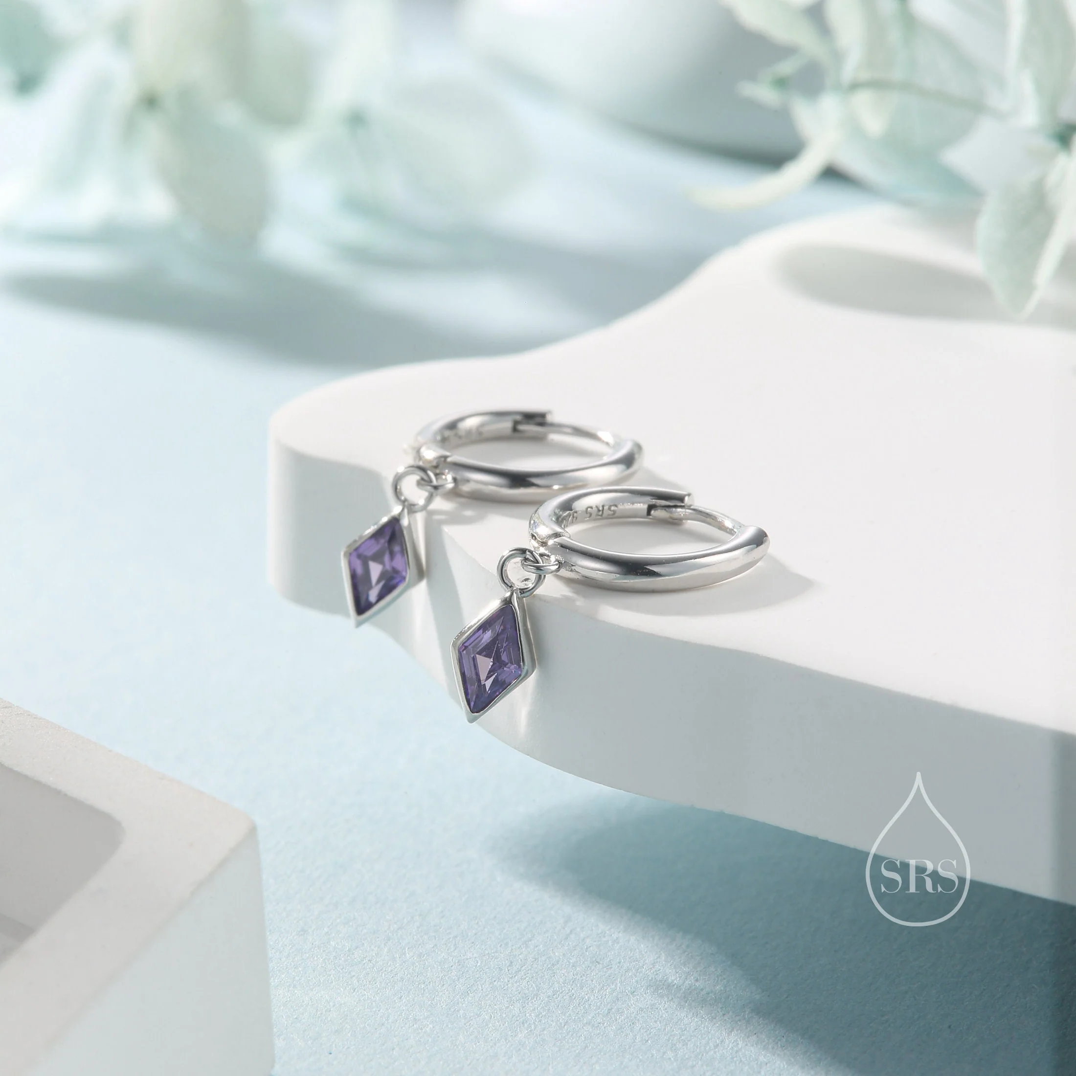 Very Tiny Rhombus Amethyst Purple CZ Huggie Hoop in Sterling Silver, Silver or Gold, Minimalist Simple Kite Shape CZ Hoop Earrings - Image 4