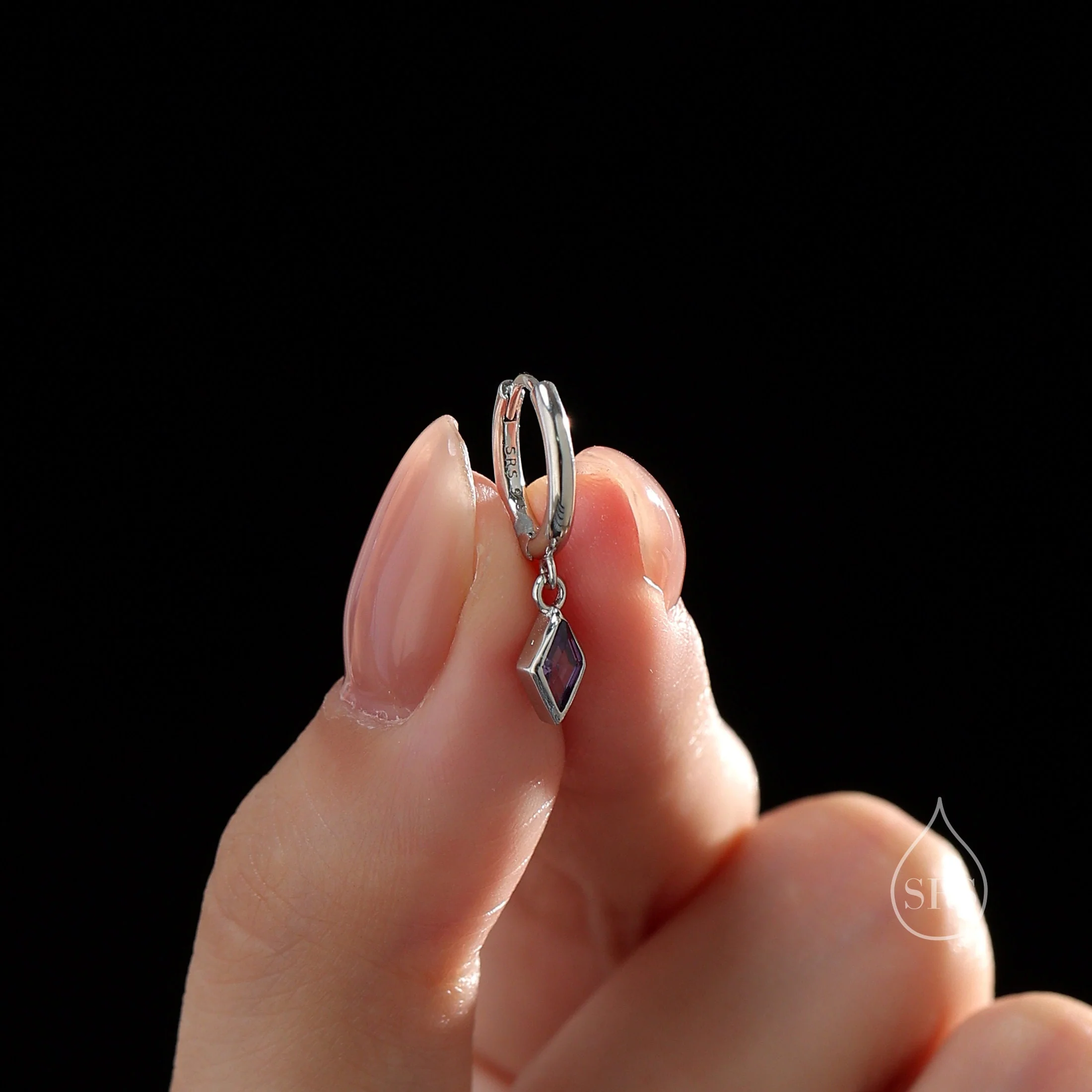 Very Tiny Rhombus Amethyst Purple CZ Huggie Hoop in Sterling Silver, Silver or Gold, Minimalist Simple Kite Shape CZ Hoop Earrings - Image 7
