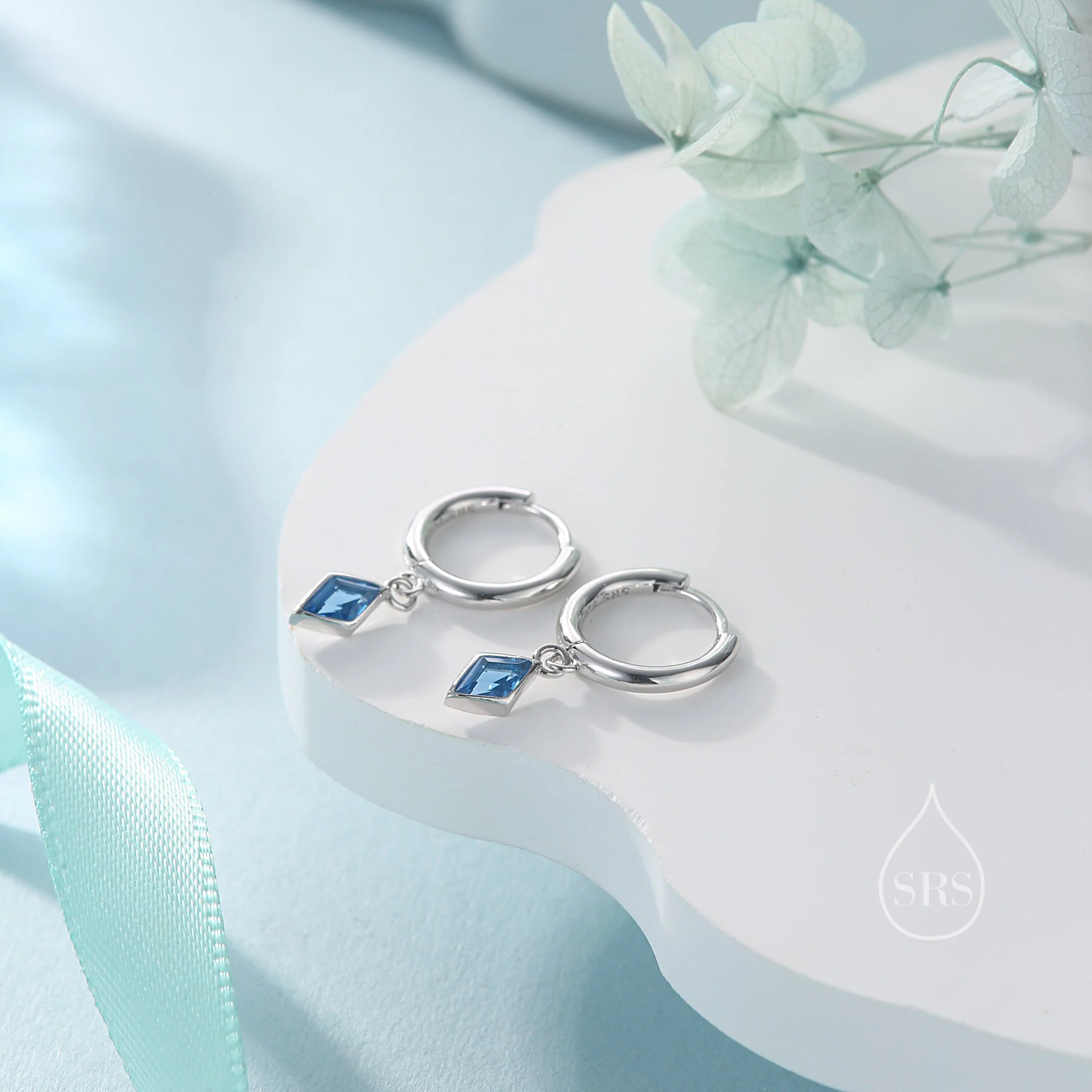 Very Tiny Rhombus Aquamarine Blue CZ Huggie Hoop in Sterling Silver, Silver or Gold, Minimalist Simple Kite Shape CZ Hoop Earrings - Image 3