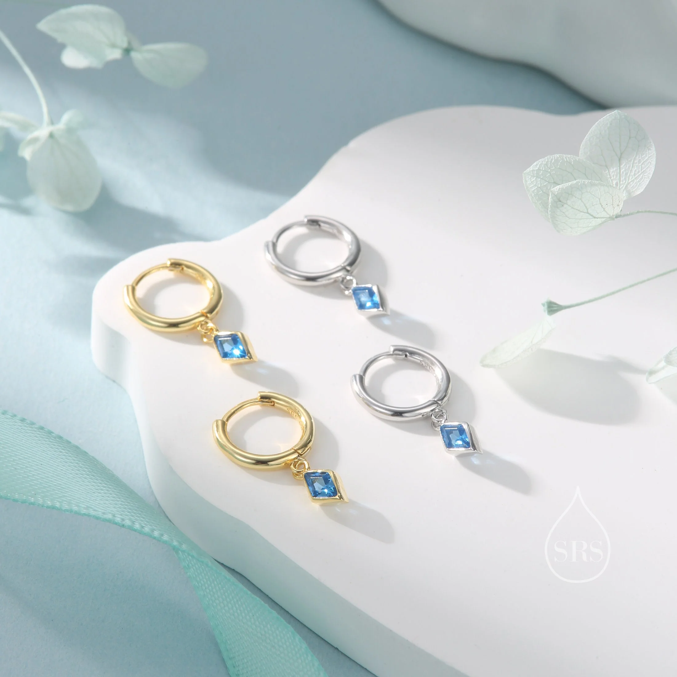 Very Tiny Rhombus Aquamarine Blue CZ Huggie Hoop in Sterling Silver, Silver or Gold, Minimalist Simple Kite Shape CZ Hoop Earrings - Image 4