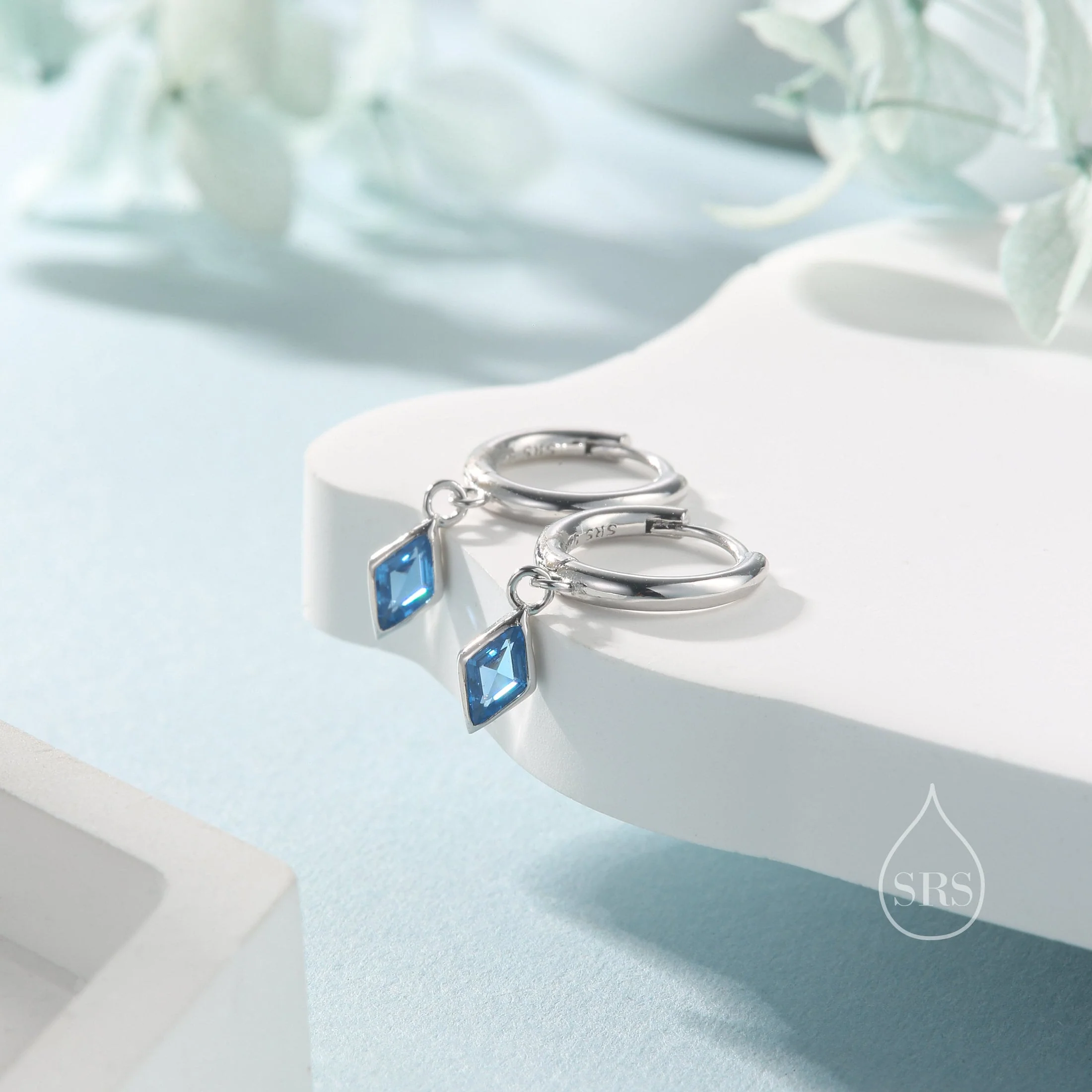 Very Tiny Rhombus Aquamarine Blue CZ Huggie Hoop in Sterling Silver, Silver or Gold, Minimalist Simple Kite Shape CZ Hoop Earrings - Image 5
