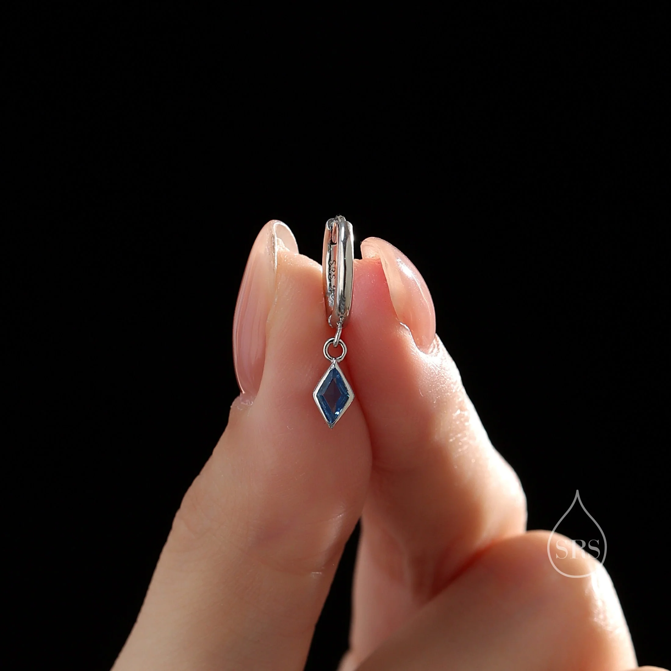 Very Tiny Rhombus Aquamarine Blue CZ Huggie Hoop in Sterling Silver, Silver or Gold, Minimalist Simple Kite Shape CZ Hoop Earrings - Image 7