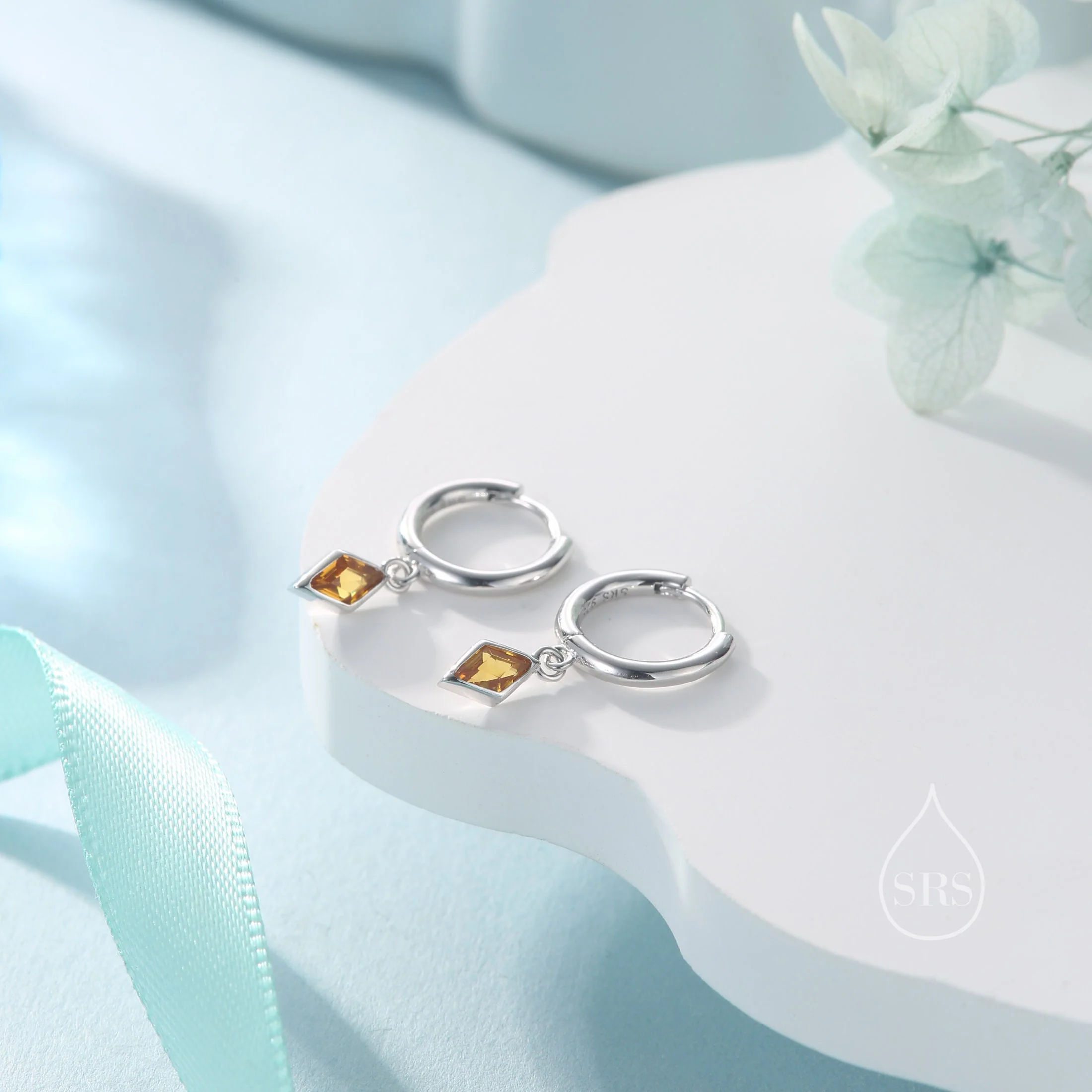 Very Tiny Rhombus Citrine Yellow CZ Huggie Hoop in Sterling Silver, Silver or Gold, Minimalist Simple Kite Shape CZ Hoop Earrings - Image 3