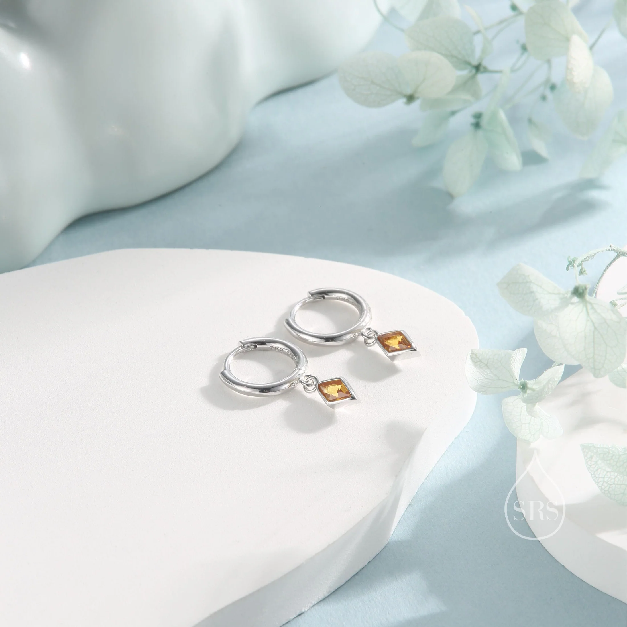 Very Tiny Rhombus Citrine Yellow CZ Huggie Hoop in Sterling Silver, Silver or Gold, Minimalist Simple Kite Shape CZ Hoop Earrings - Image 4