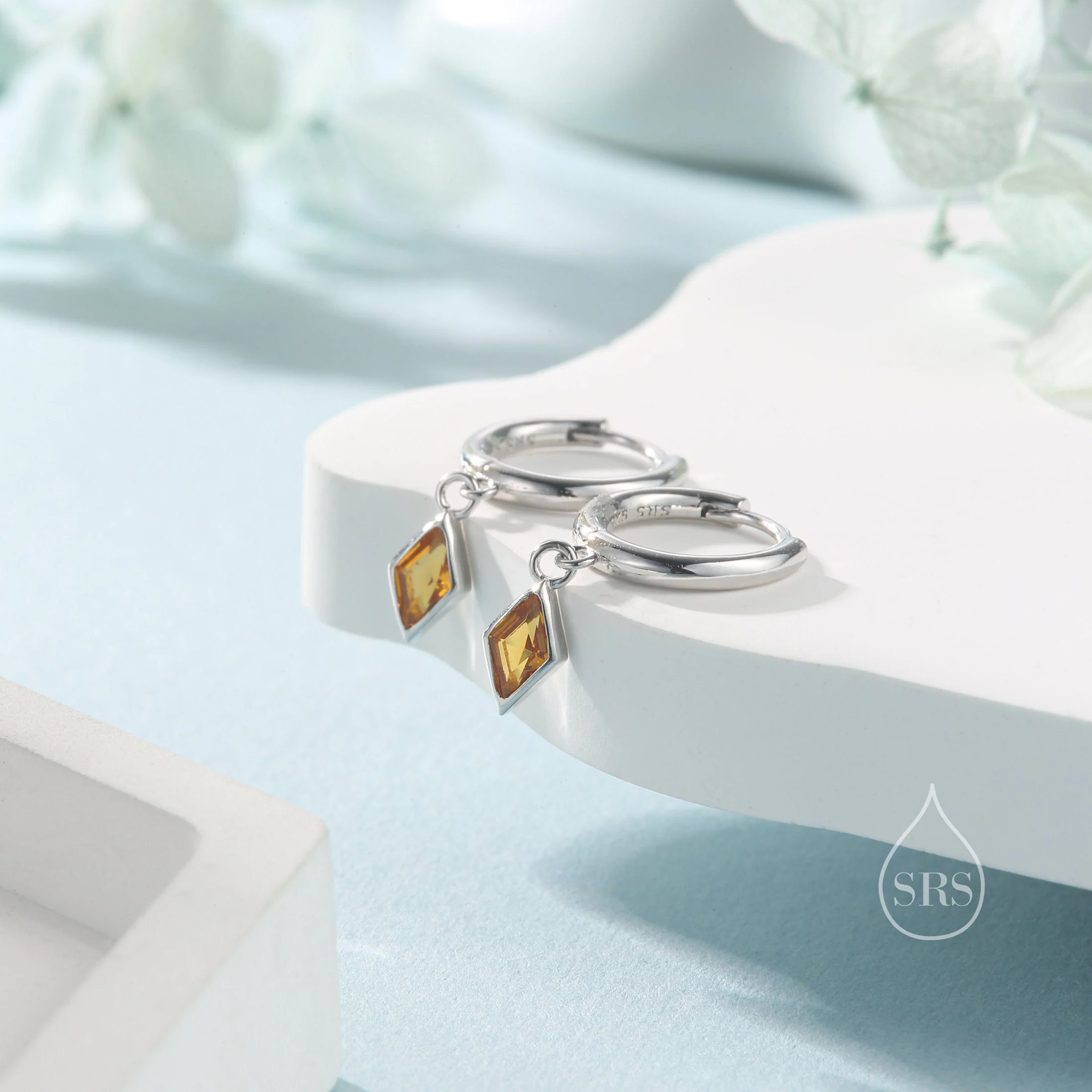 Very Tiny Rhombus Citrine Yellow CZ Huggie Hoop in Sterling Silver, Silver or Gold, Minimalist Simple Kite Shape CZ Hoop Earrings - Image 5