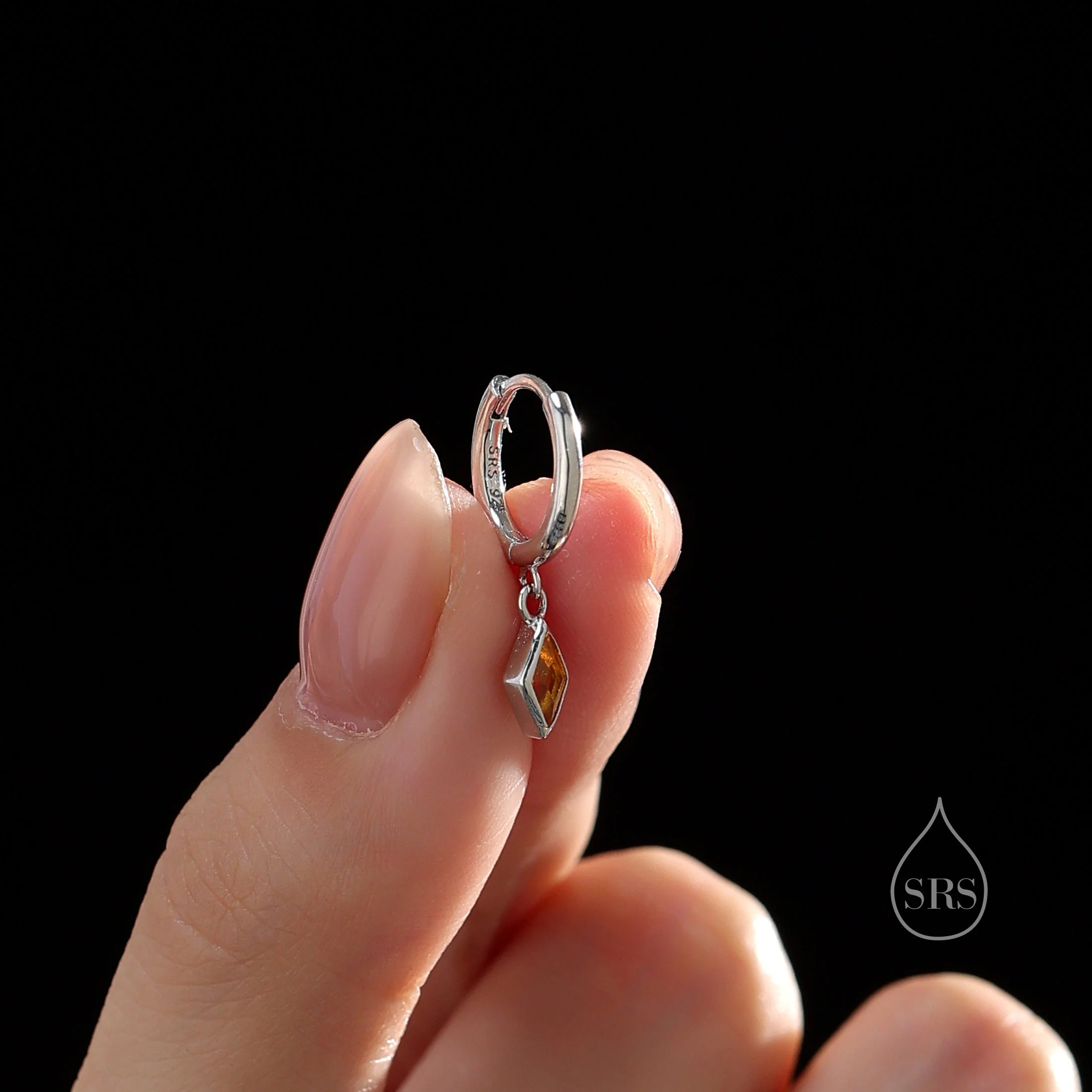 Very Tiny Rhombus Citrine Yellow CZ Huggie Hoop in Sterling Silver, Silver or Gold, Minimalist Simple Kite Shape CZ Hoop Earrings - Image 7
