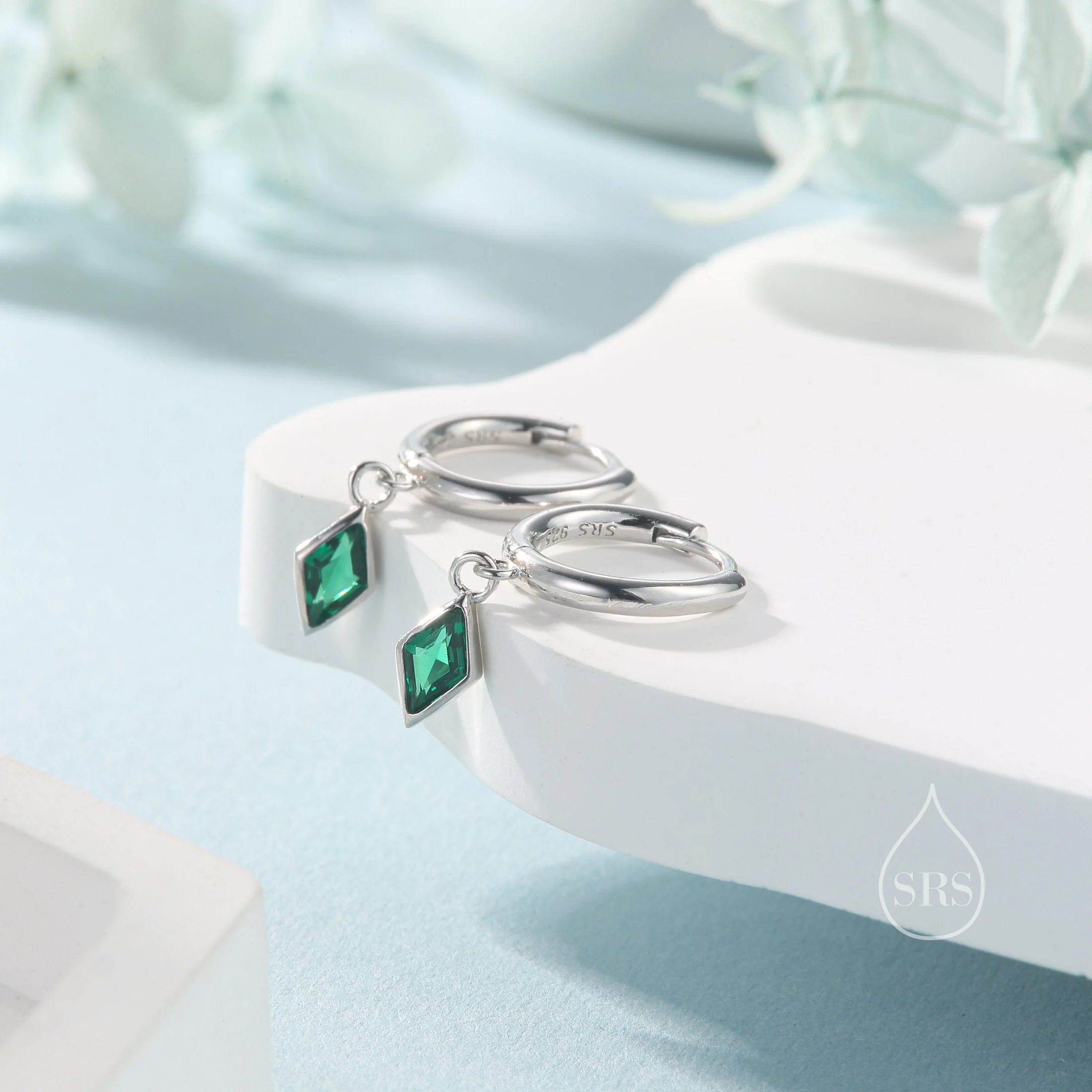 Very Tiny Rhombus Emerald Green CZ Huggie Hoop in Sterling Silver, Silver or Gold, Minimalist Simple Kite Shape CZ Hoop Earrings - Image 5