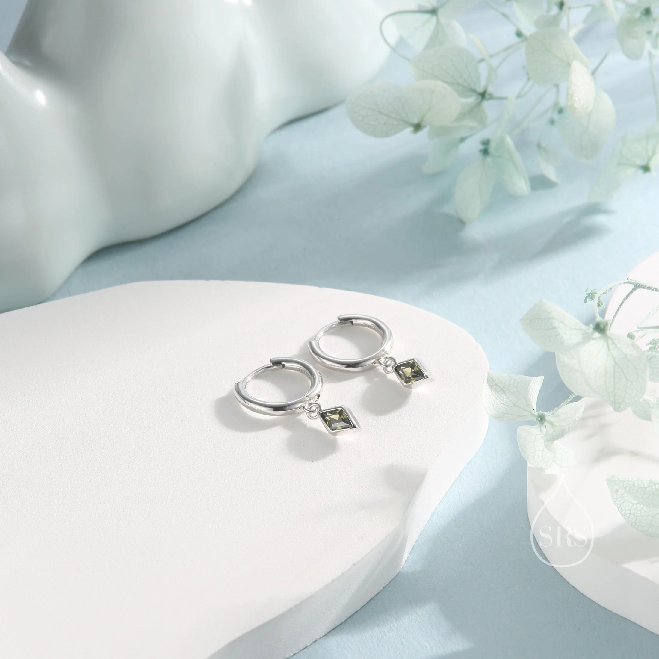 Very Tiny Rhombus Olive Green CZ Huggie Hoop in Sterling Silver, Silver or Gold, Minimalist Simple Kite Shape CZ Hoop Earrings - Image 4
